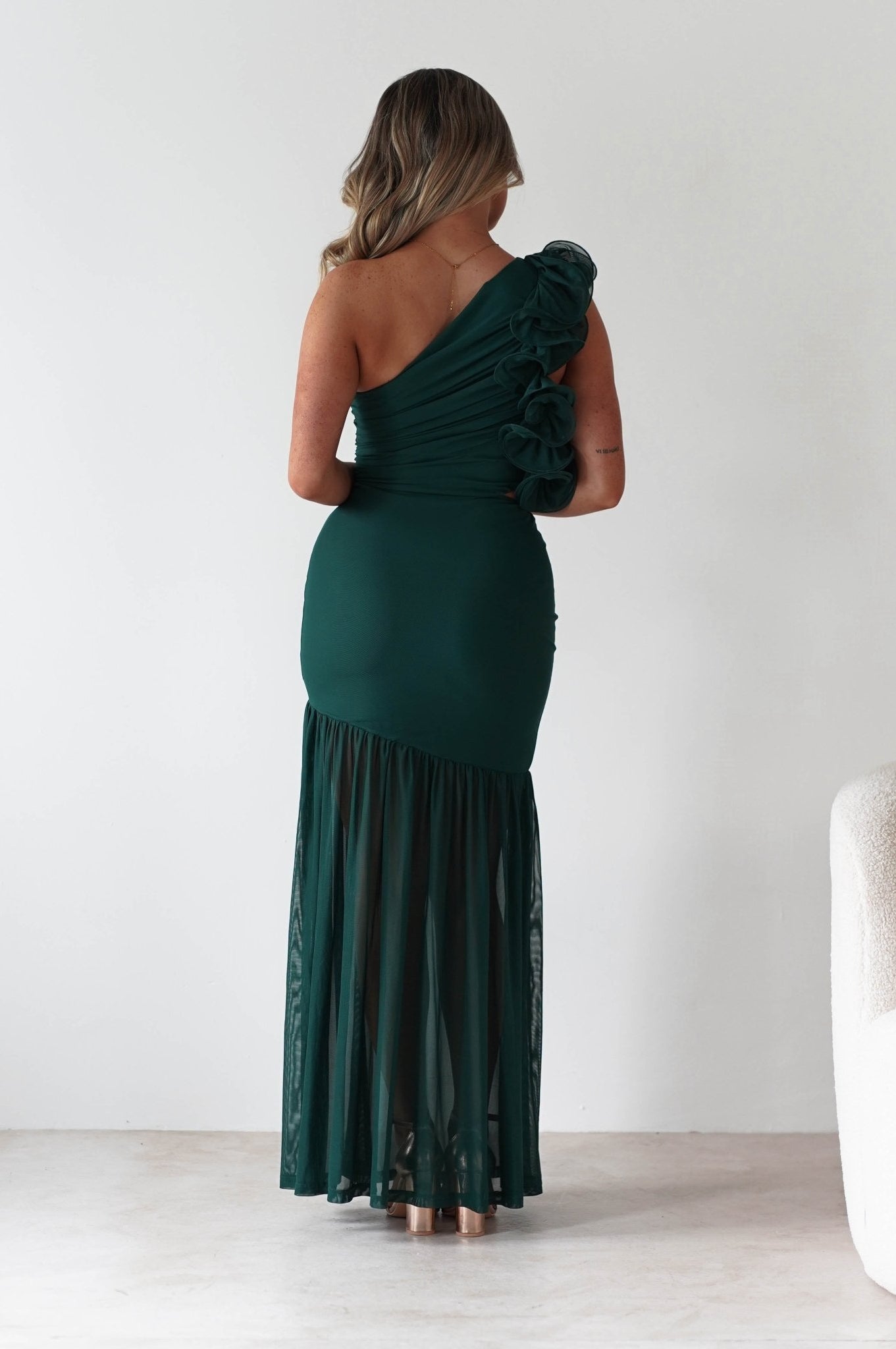 Stephanie Mesh Ruffle Maxi Dress | Forest Green | Oh Hello Clothing | XS (6)
