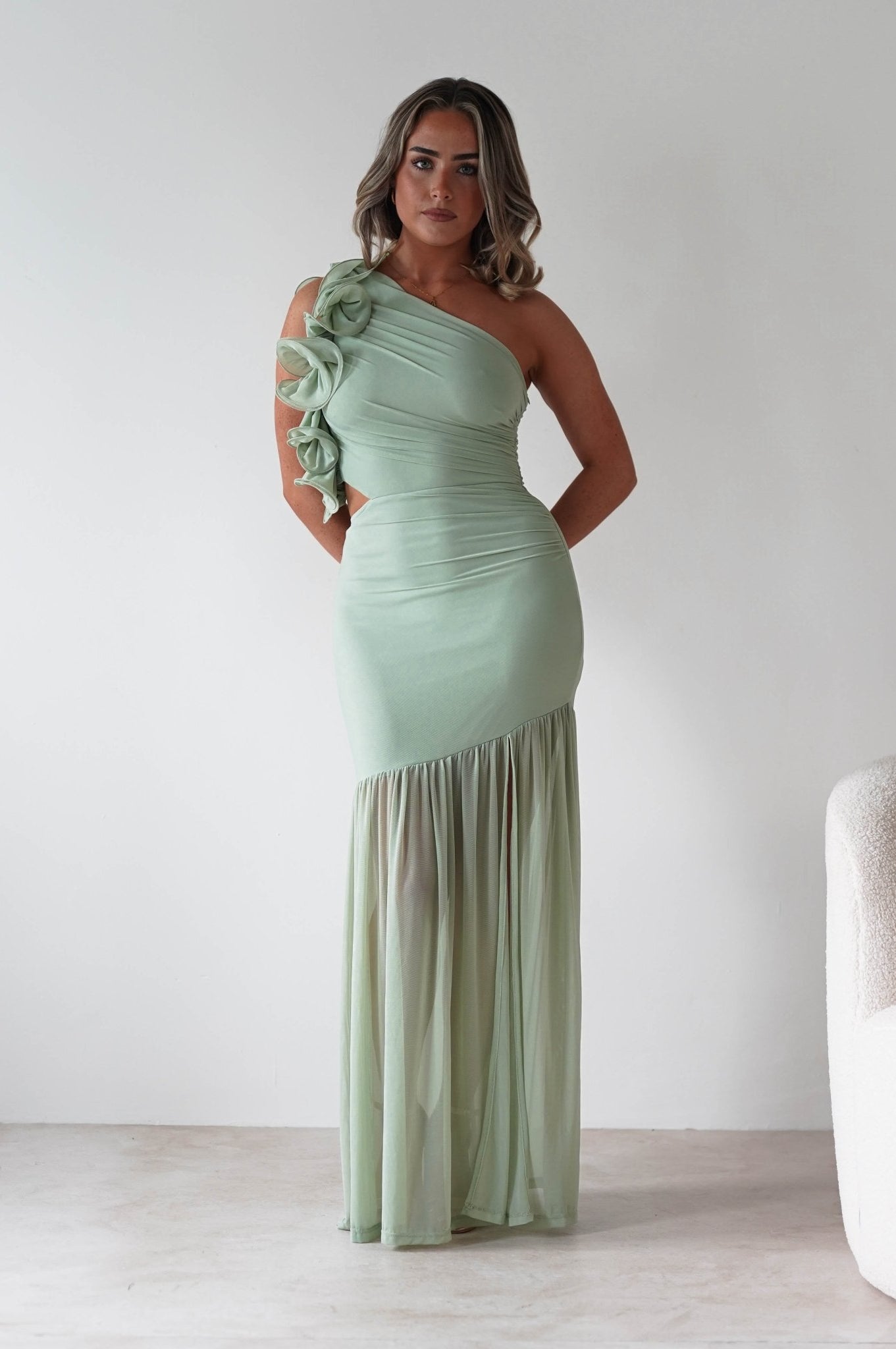 Stephanie Mesh Ruffle Maxi Dress | Sage | Oh Hello Clothing | XS (6)