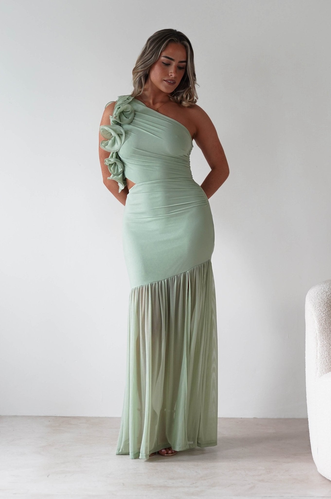 Stephanie Mesh Ruffle Maxi Dress | Sage | Oh Hello Clothing | XS (6)
