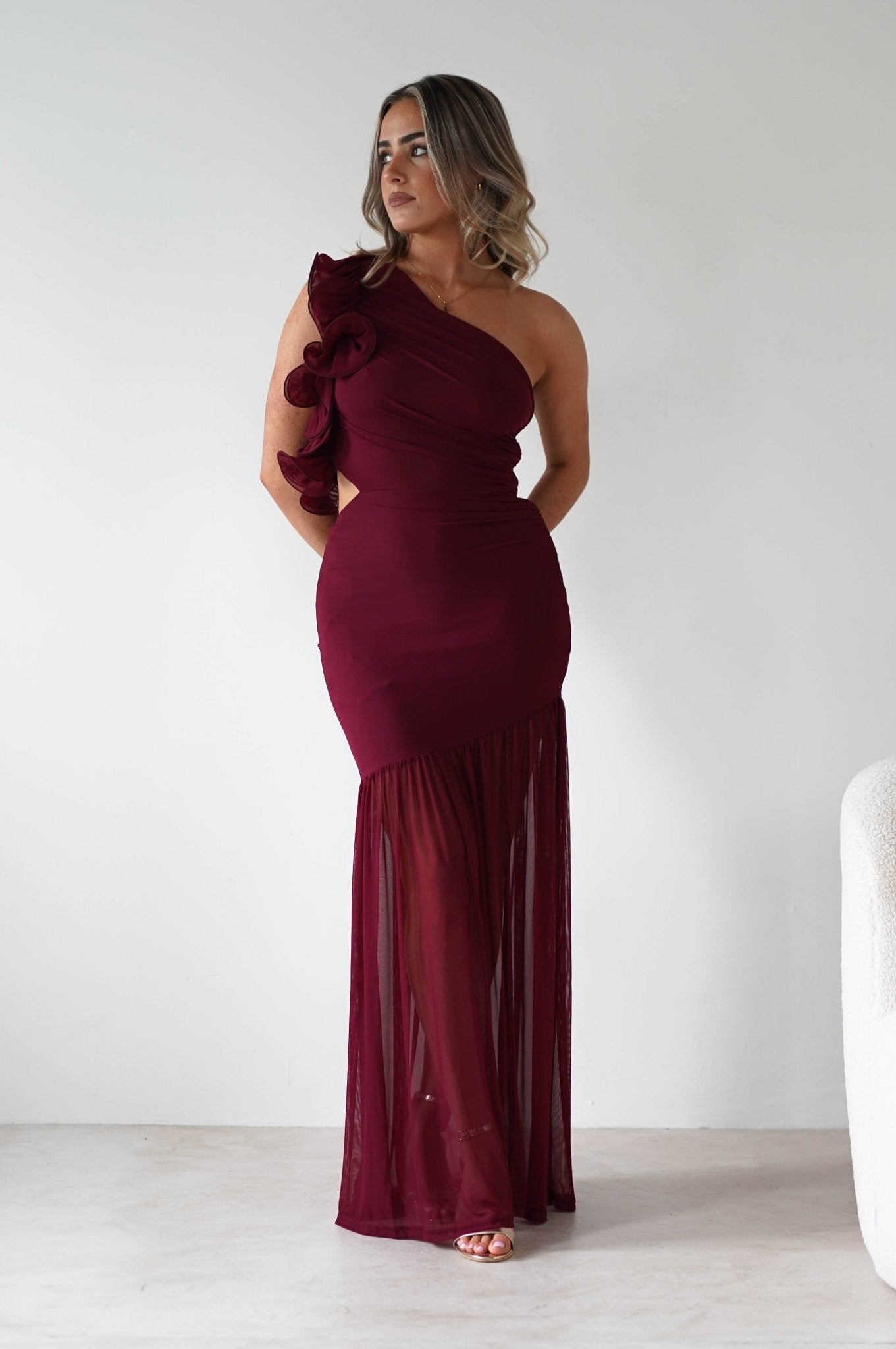 Stephanie Mesh Ruffle Maxi Dress | Wine | Oh Hello Clothing | XS (6)