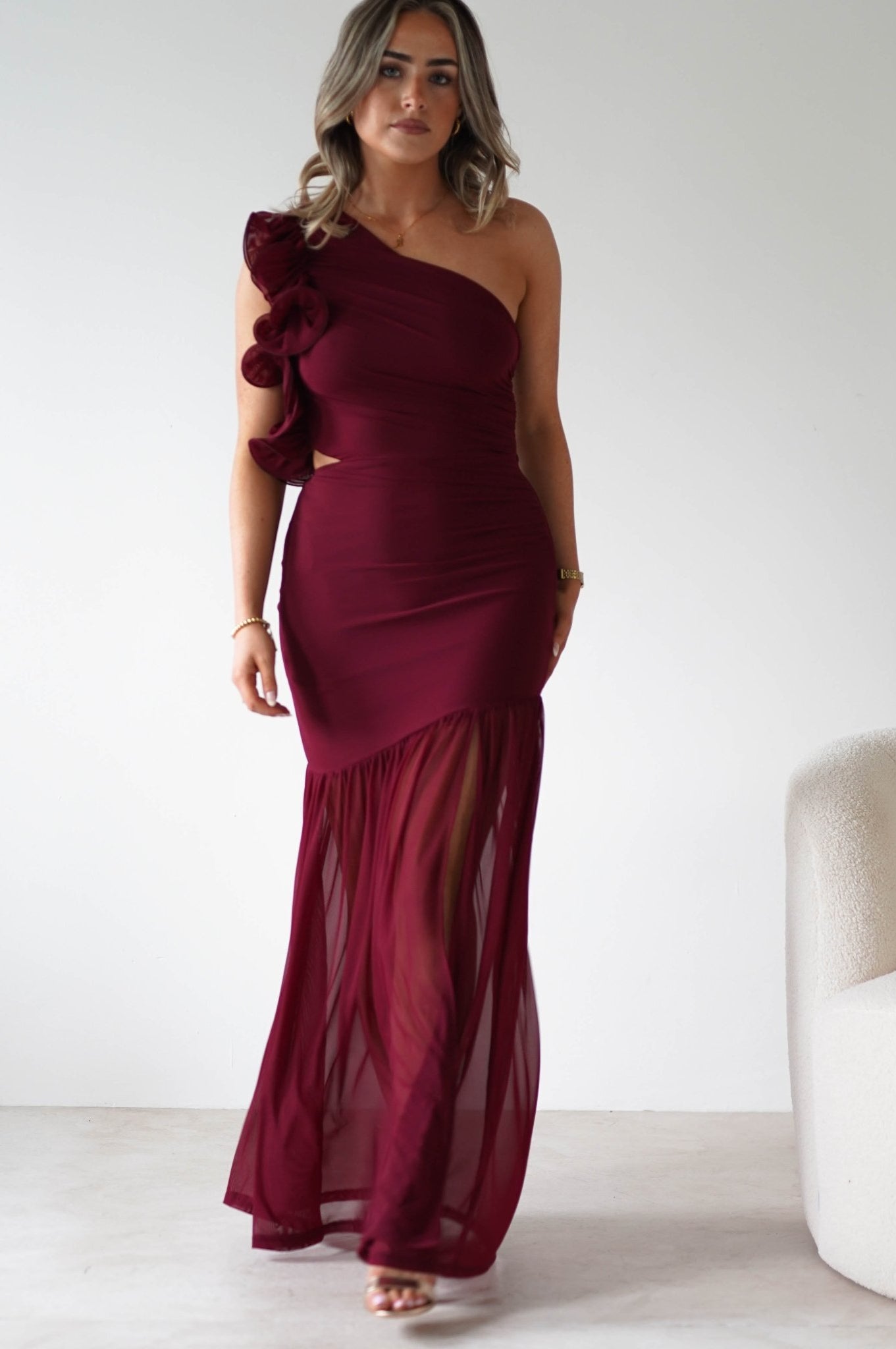 Stephanie Mesh Ruffle Maxi Dress | Wine | Oh Hello Clothing | XS (6)