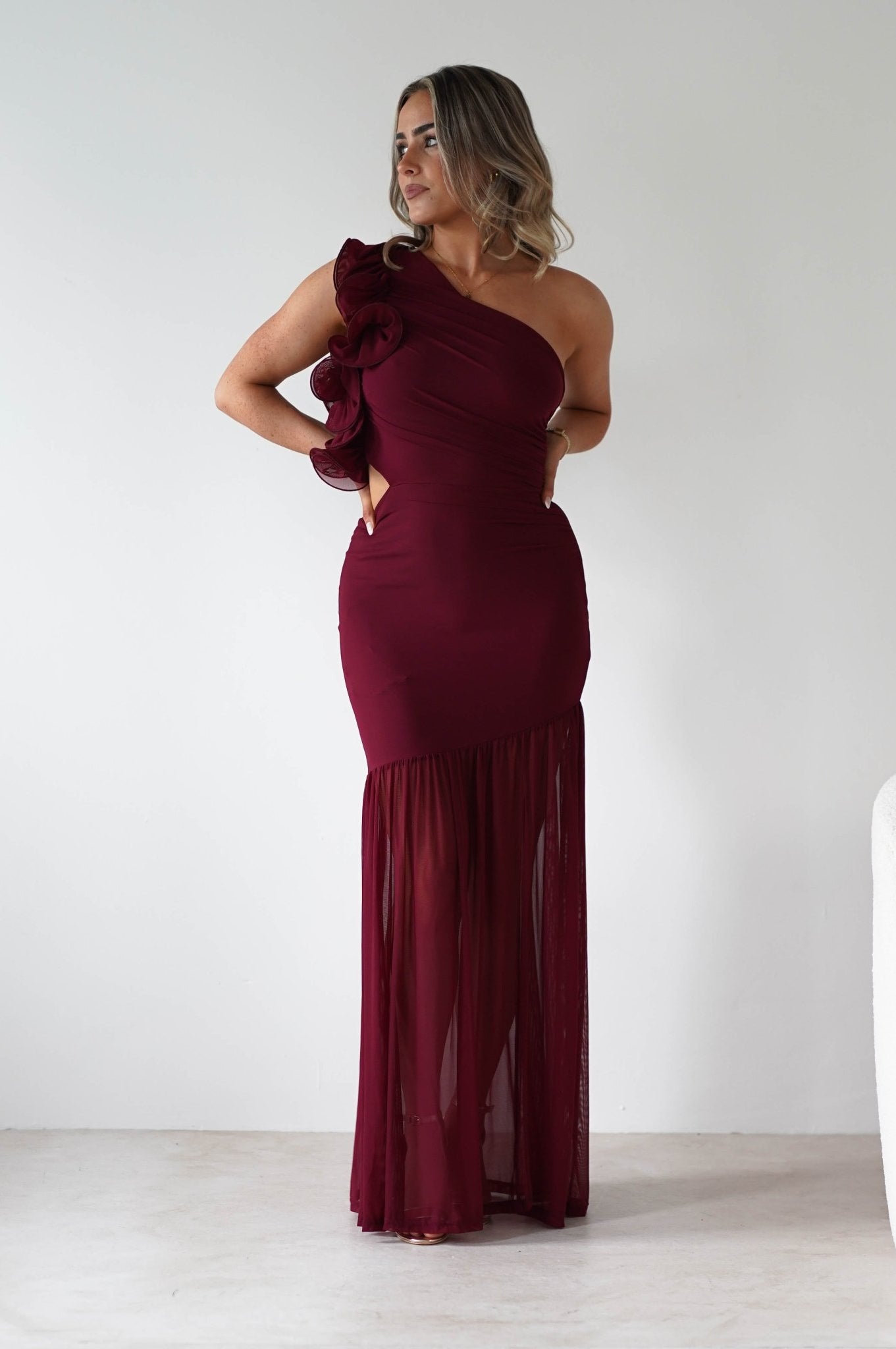 Stephanie Mesh Ruffle Maxi Dress | Wine | Oh Hello Clothing | XS (6)