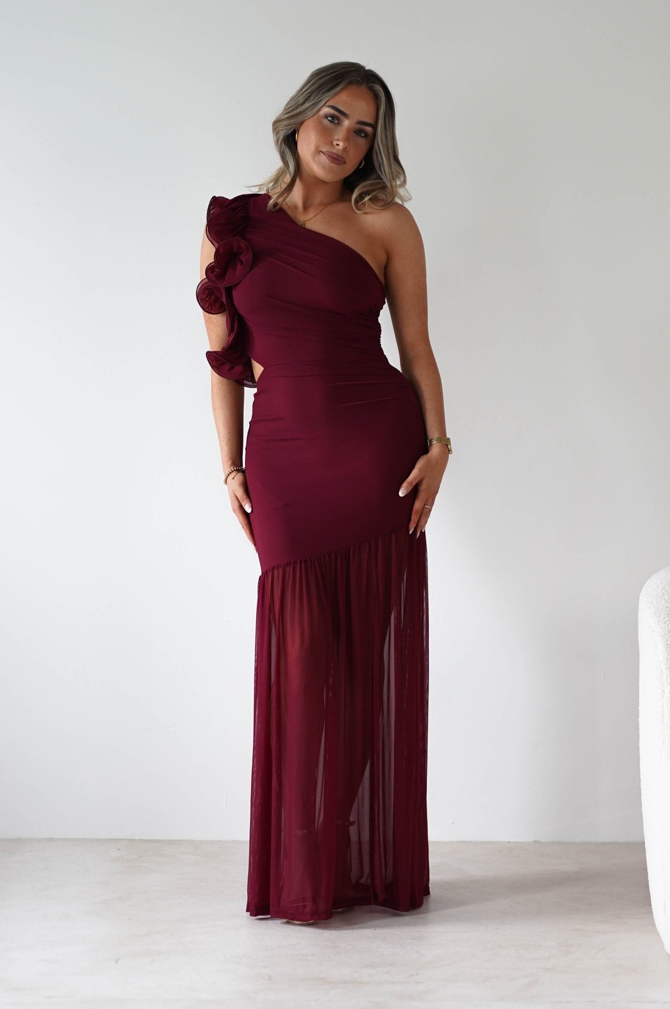 Stephanie Mesh Ruffle Maxi Dress | Wine | Oh Hello Clothing | XS (6)
