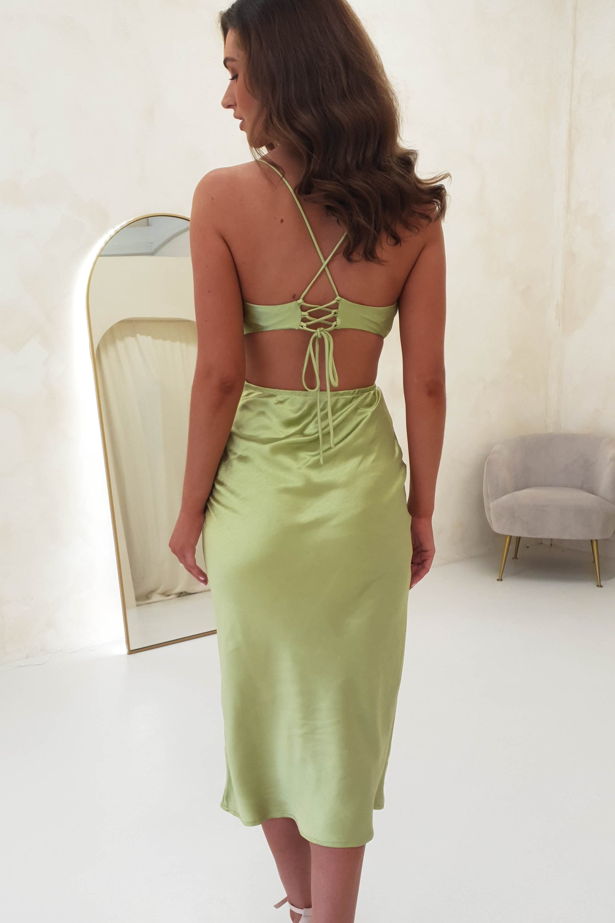 Tilda Soft Satin Midi Dress | Lime | Oh Hello Clothing | XS (6)