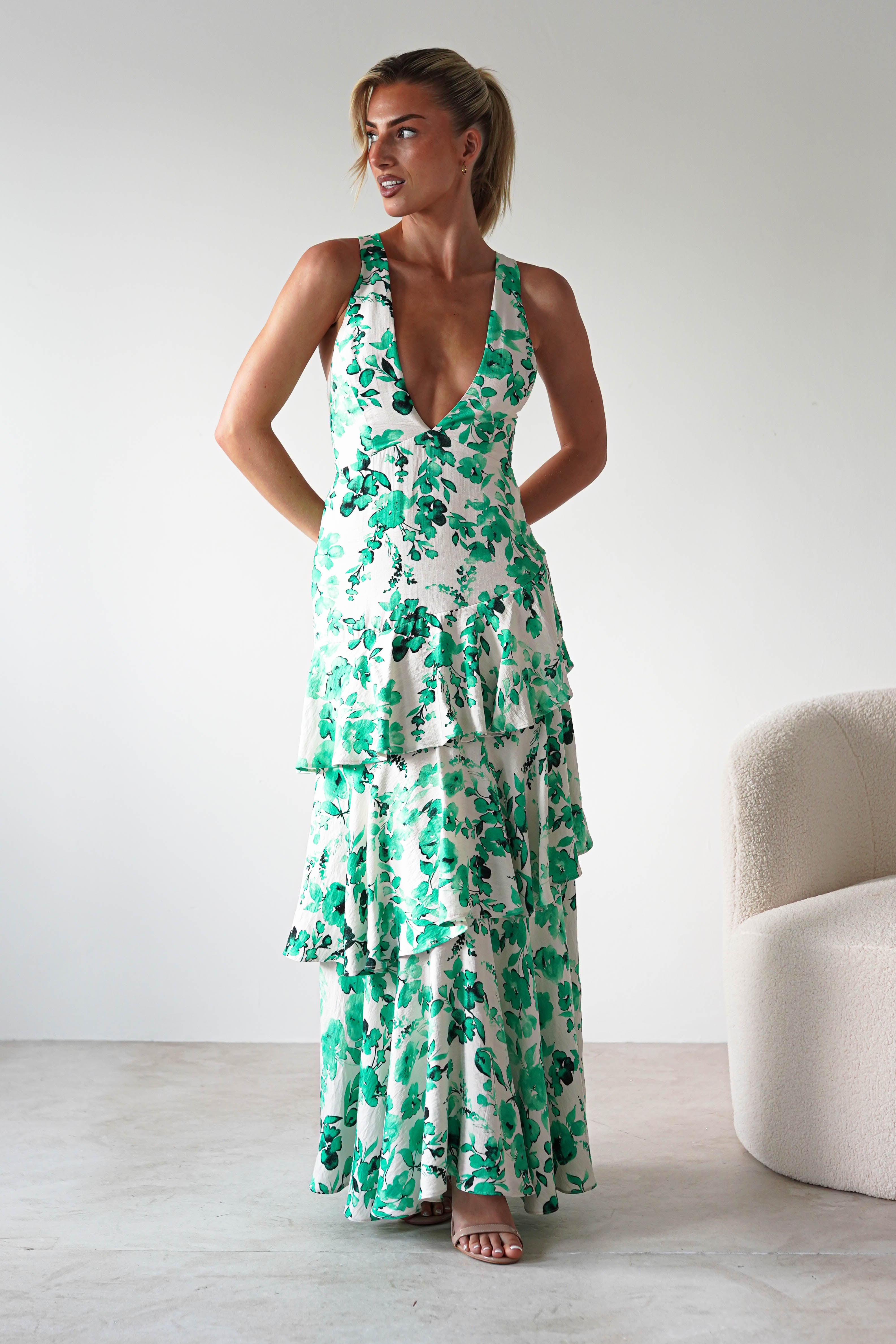 Varana Floral Ruffle Maxi Dress | Green