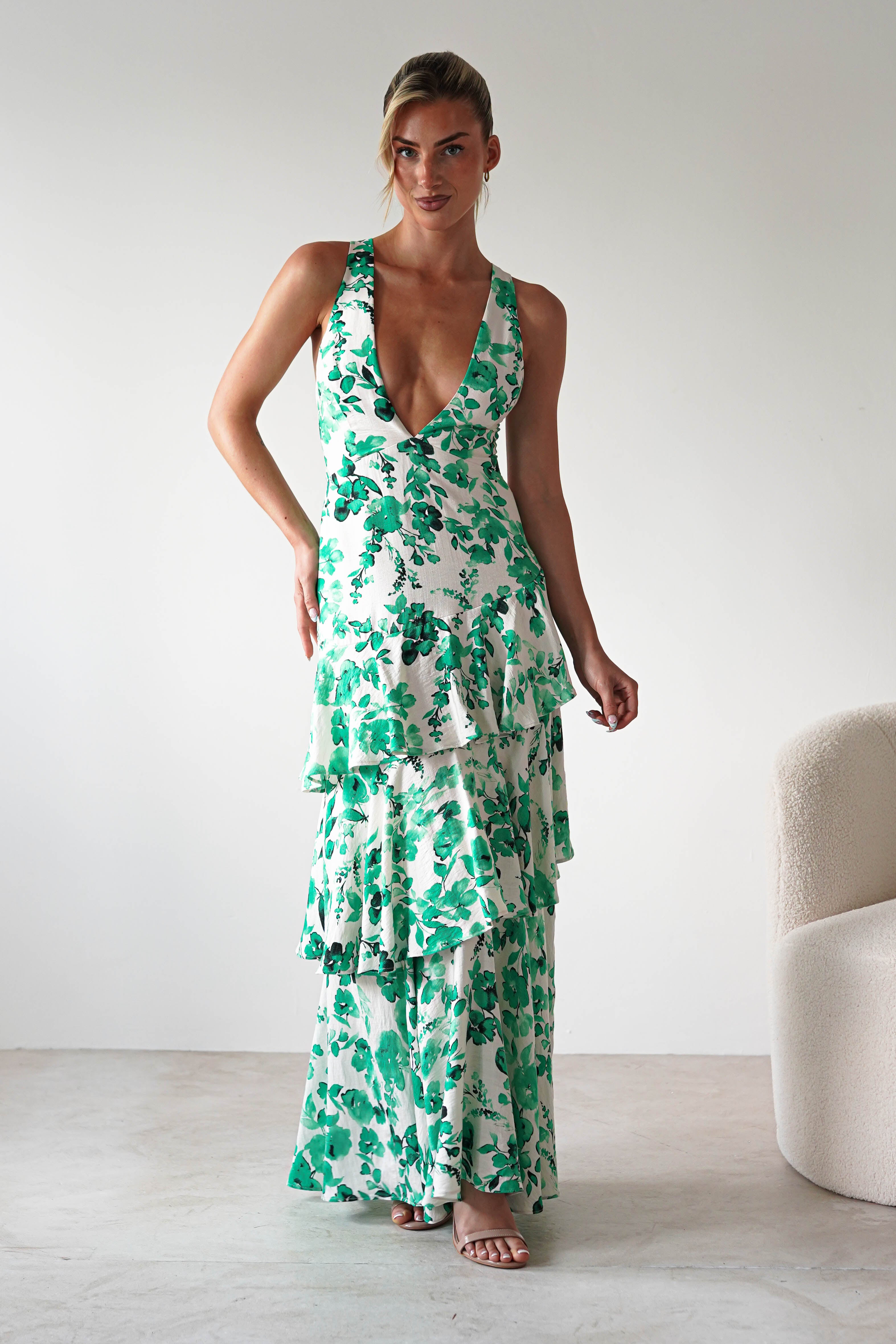 Varana Floral Ruffle Maxi Dress | Green