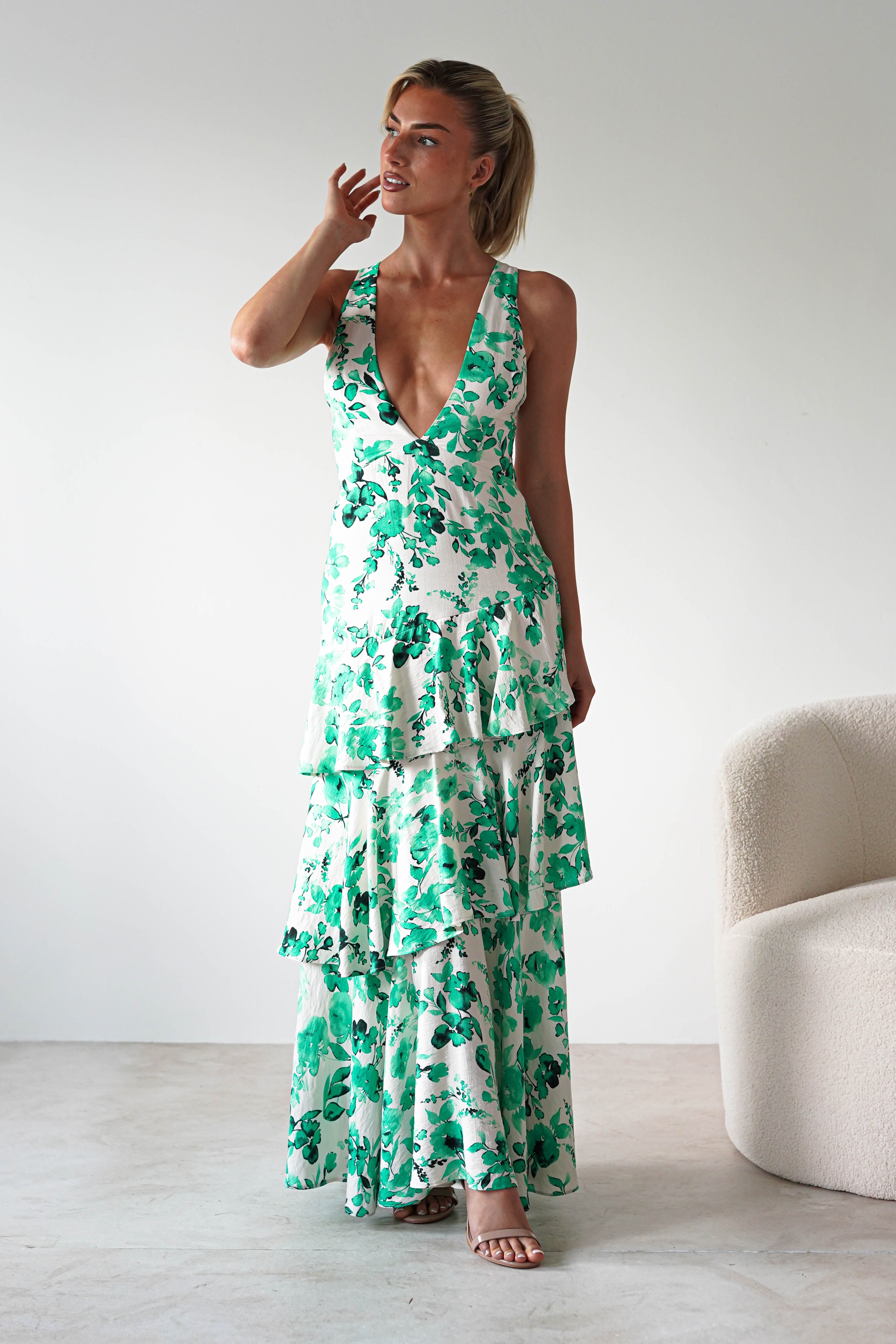 Varana Floral Ruffle Maxi Dress | Green