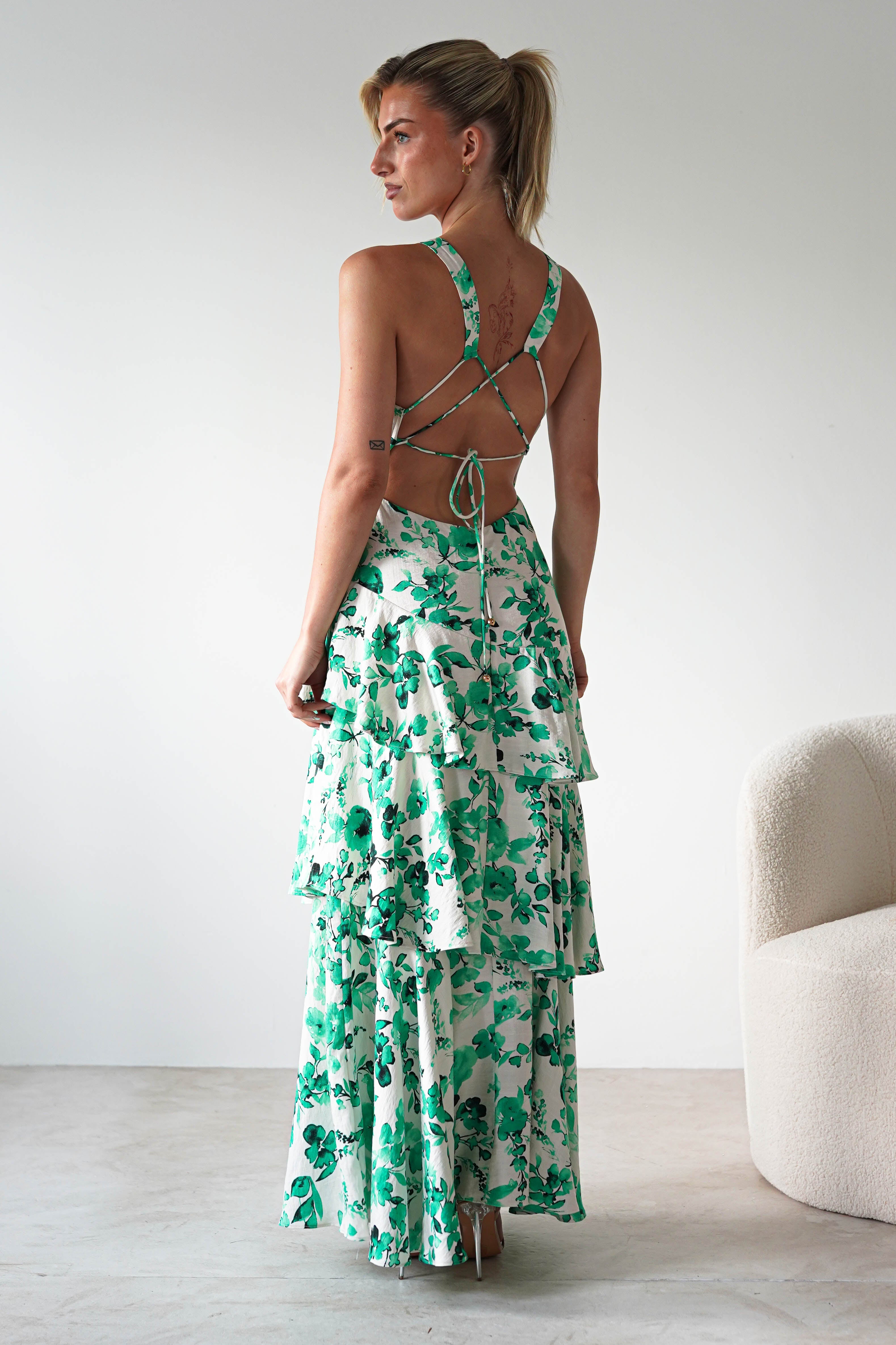 Varana Floral Ruffle Maxi Dress | Green | Oh Hello Clothing | XS (6)