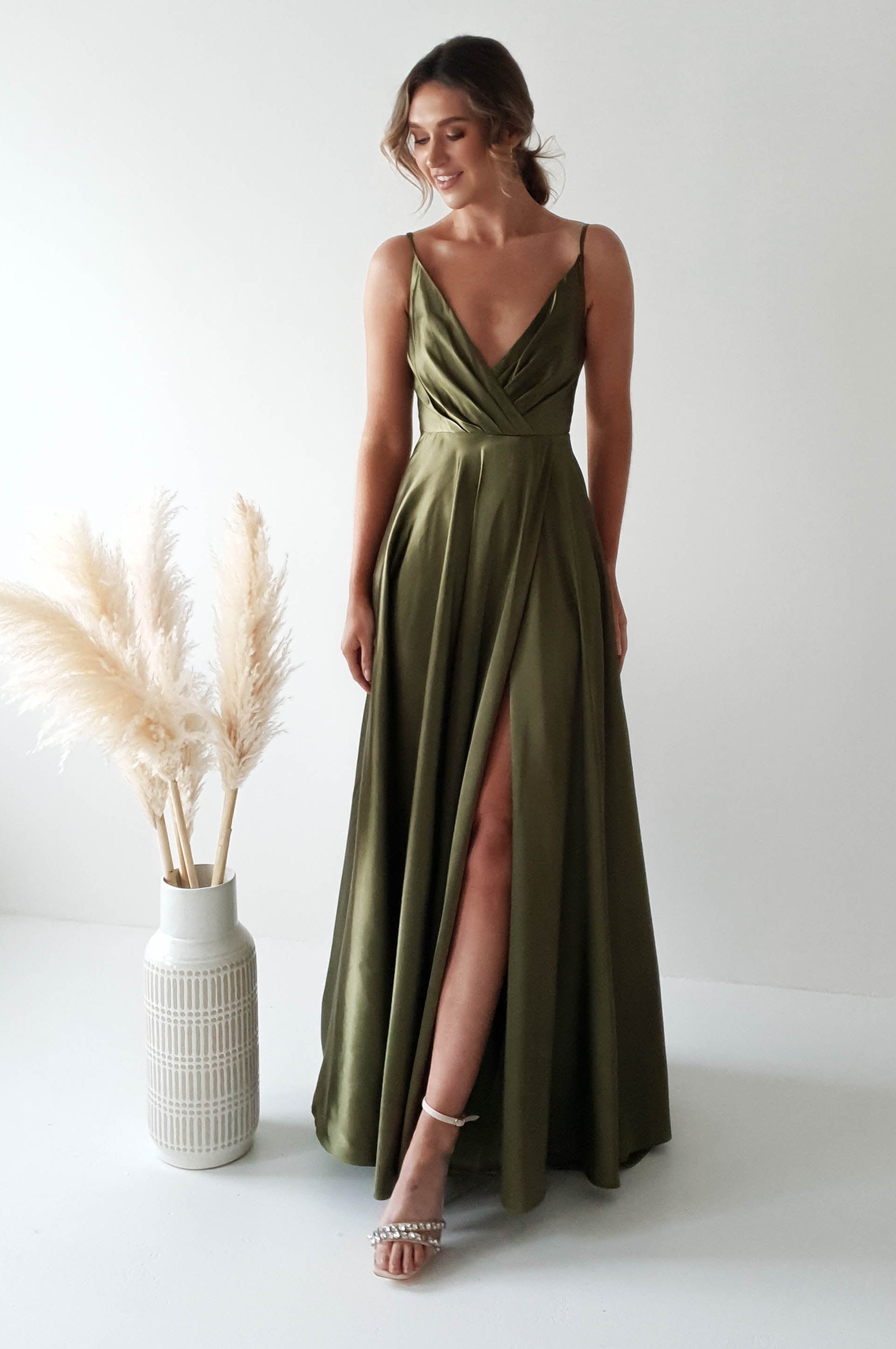 Velia Satin Maxi Gown | Dark Olive - Oh Hello Clothing