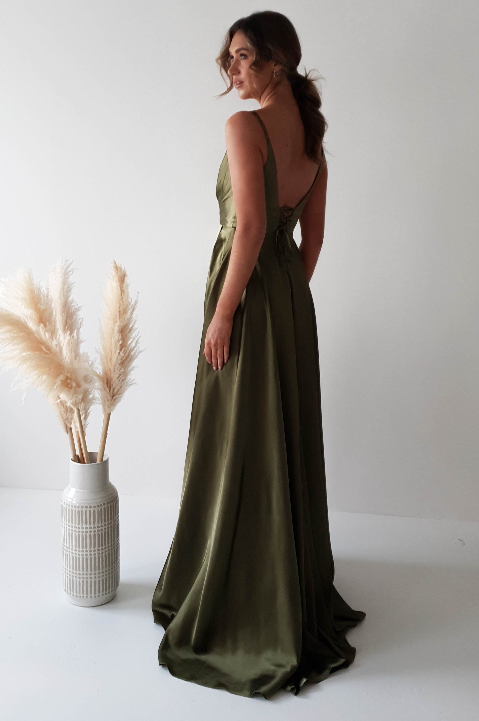 Velia Satin Maxi Gown | Dark Olive - Oh Hello Clothing