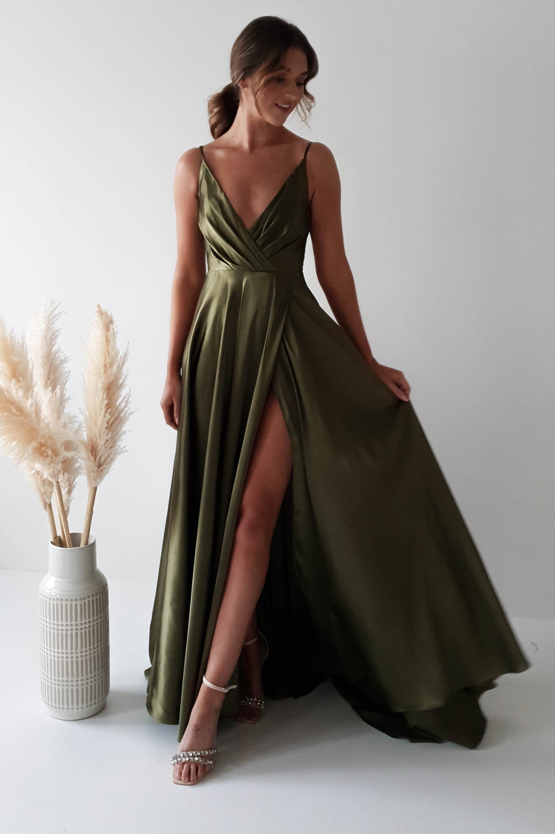 Velia Satin Maxi Gown | Dark Olive - Oh Hello Clothing