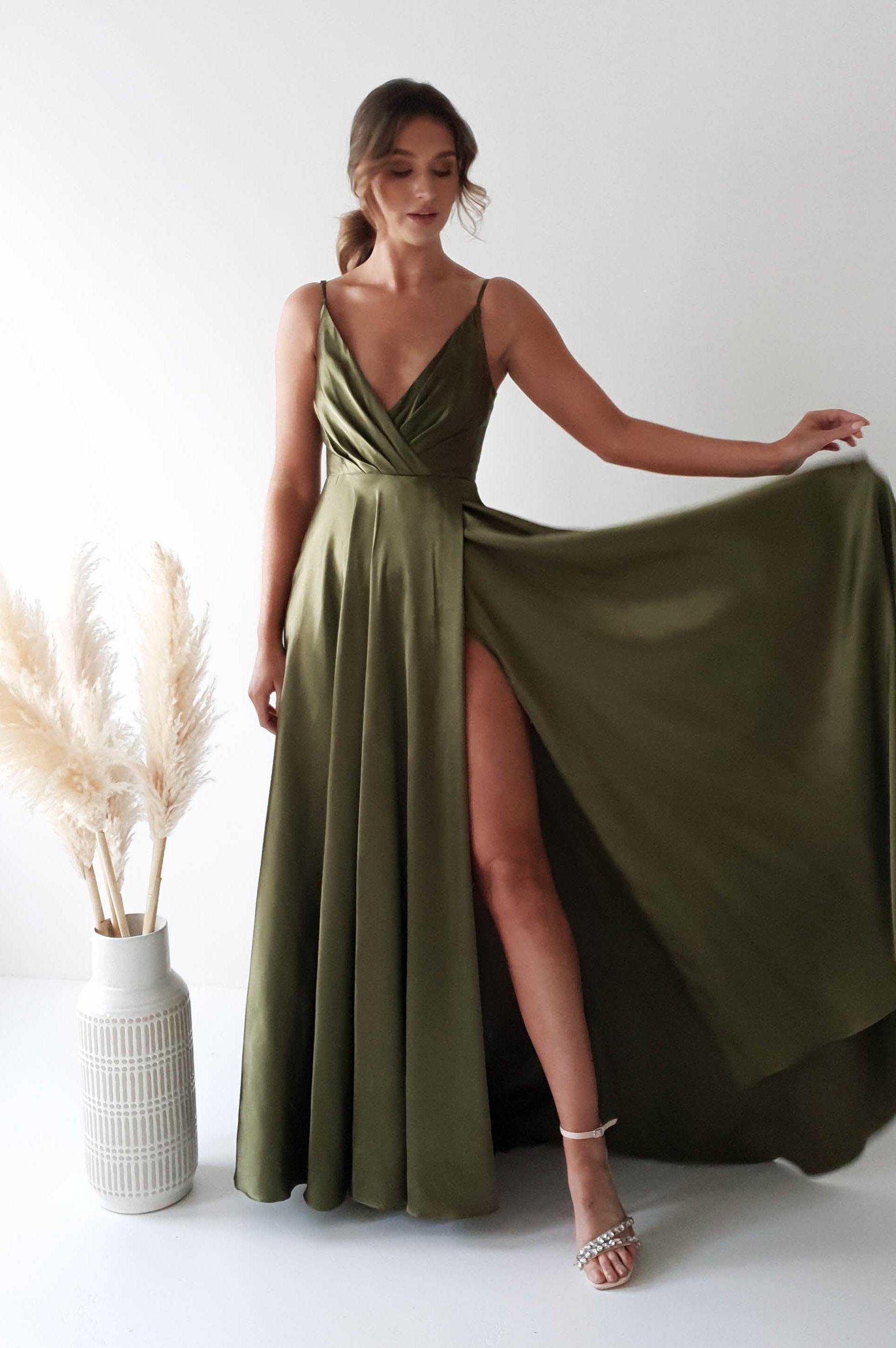 Velia Satin Maxi Gown | Dark Olive - Oh Hello Clothing