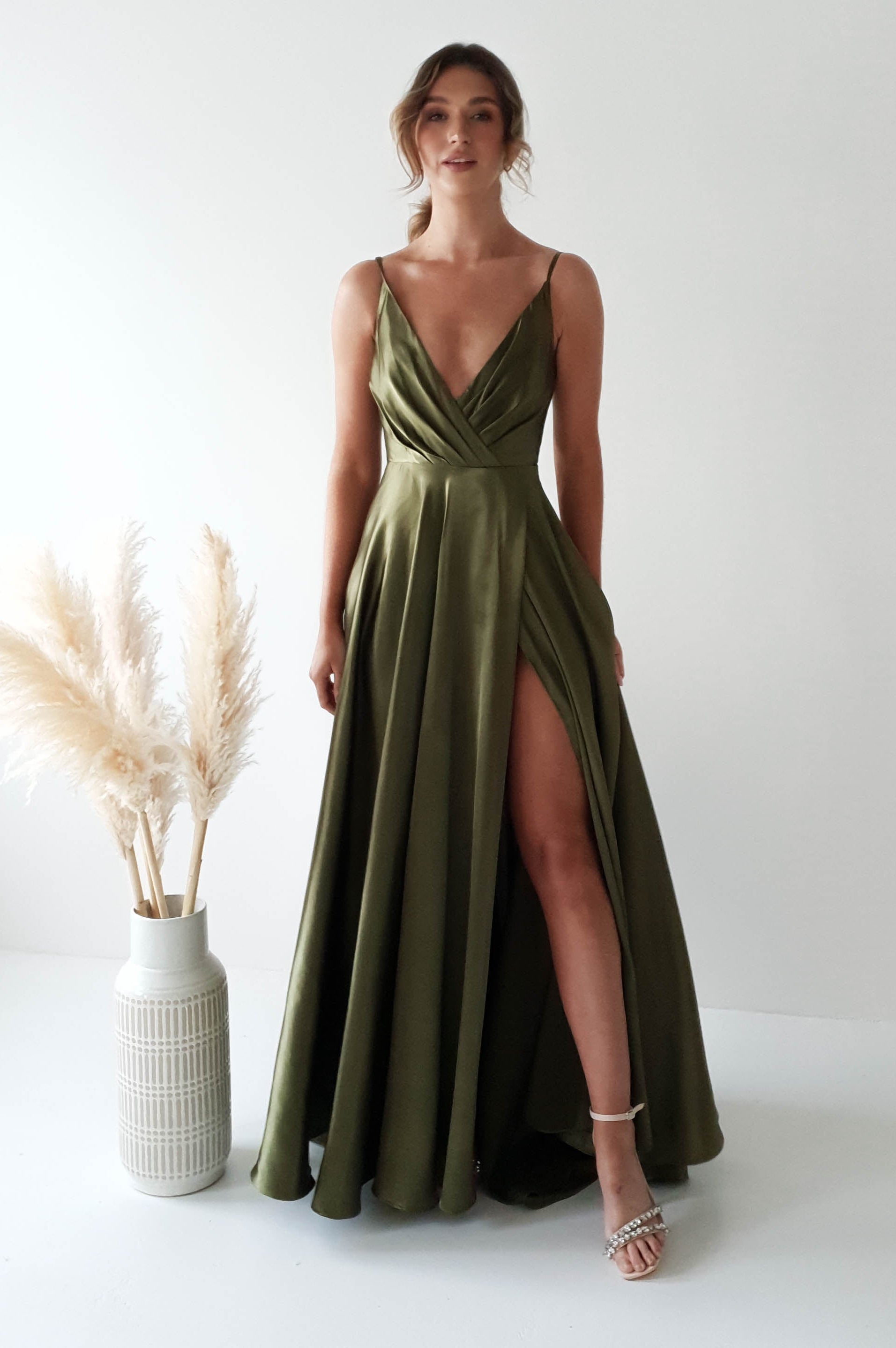 Velia Satin Maxi Gown | Dark Olive - Oh Hello Clothing