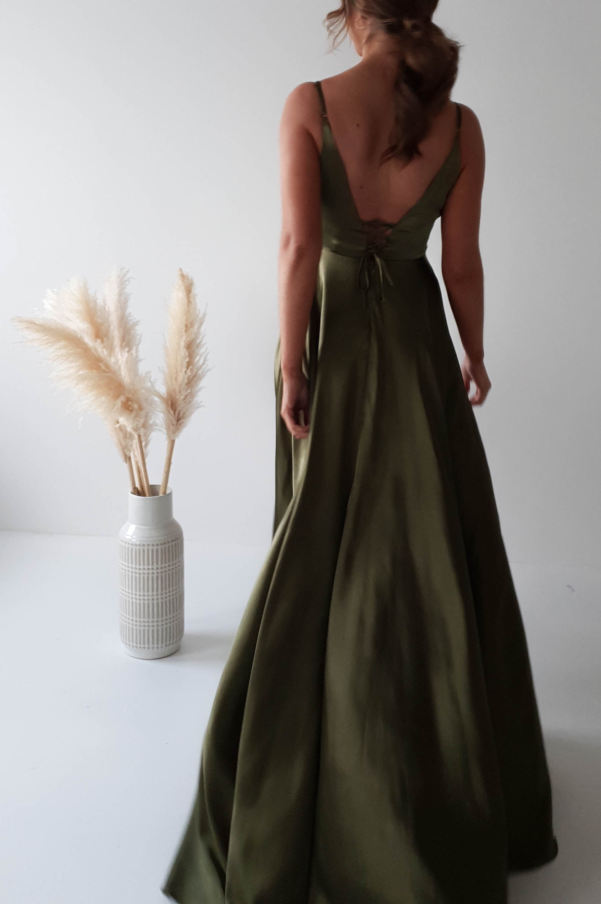 Velia Satin Maxi Gown | Dark Olive - Oh Hello Clothing