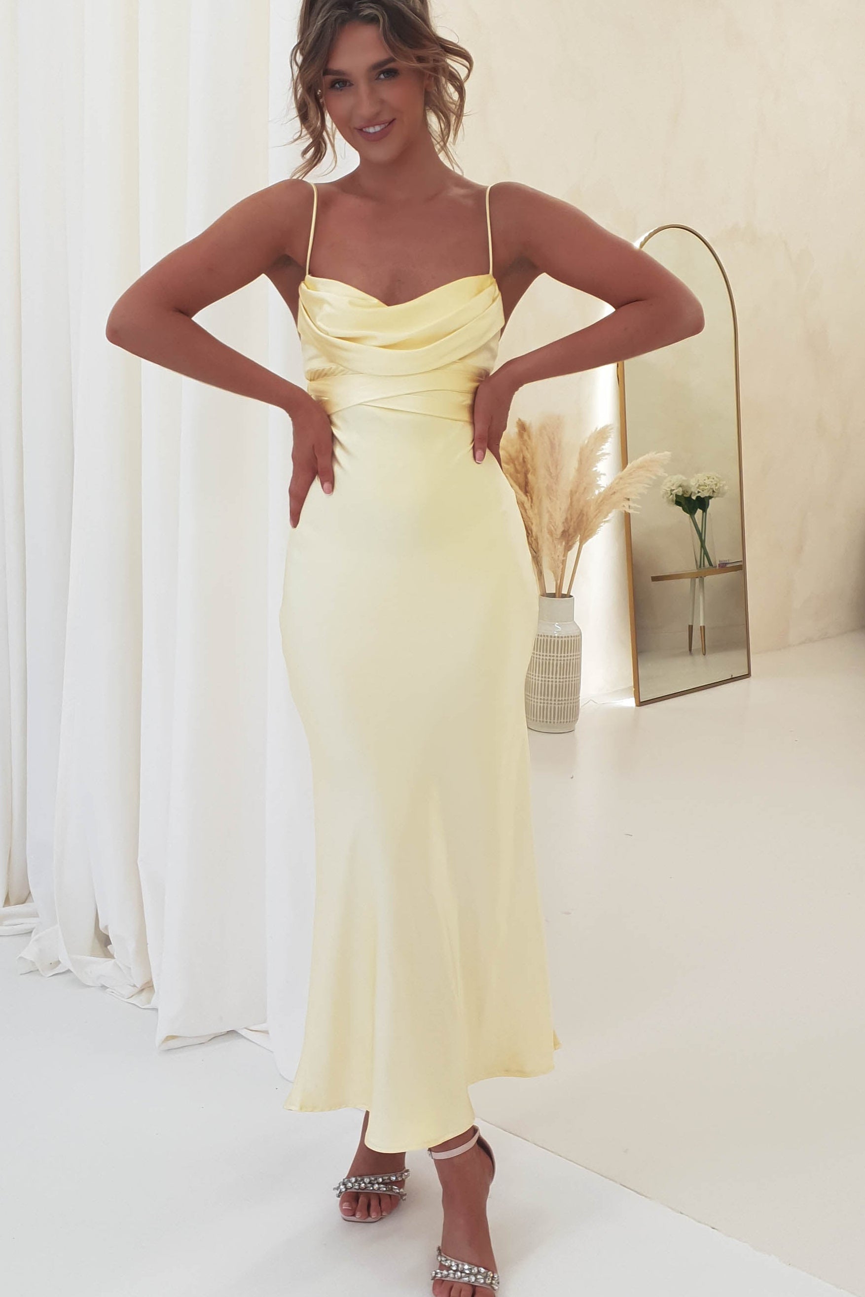 Everleigh Soft Satin Midi Dress | Butter Yellow | Oh Hello Clothing | XS (6)
