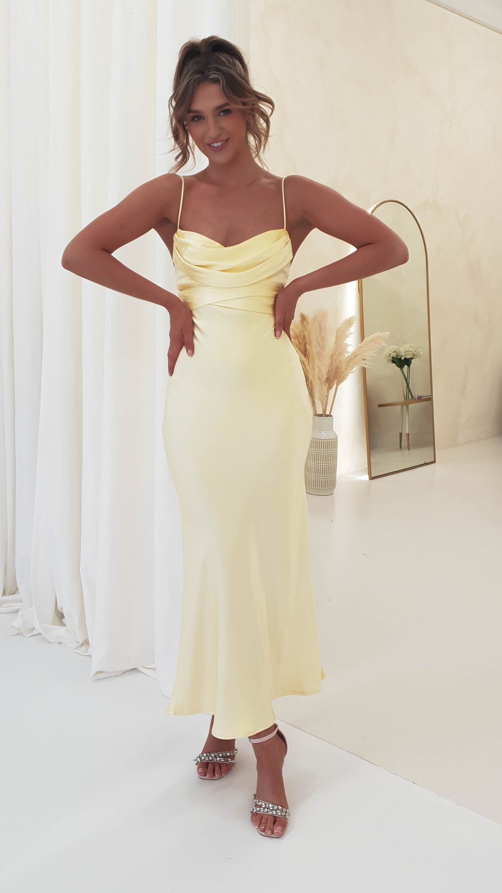 Everleigh Soft Satin Midi Dress | Butter Yellow - Oh Hello Clothing