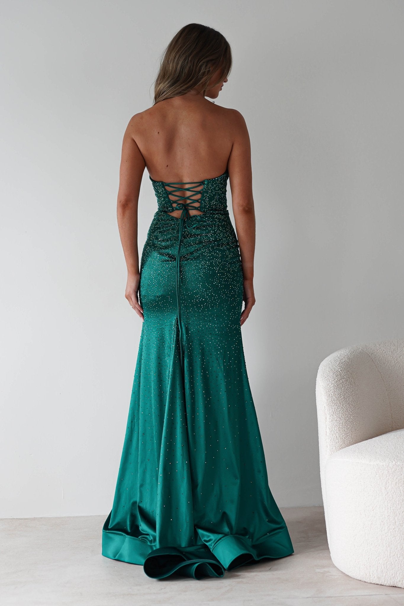 Zohra Cut Out Strapless Rhinestone Gown | Emerald | Oh Hello Clothing | S (8)
