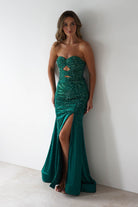 Zohra Cut Out Strapless Rhinestone Gown | Emerald | Oh Hello Clothing | S (8)