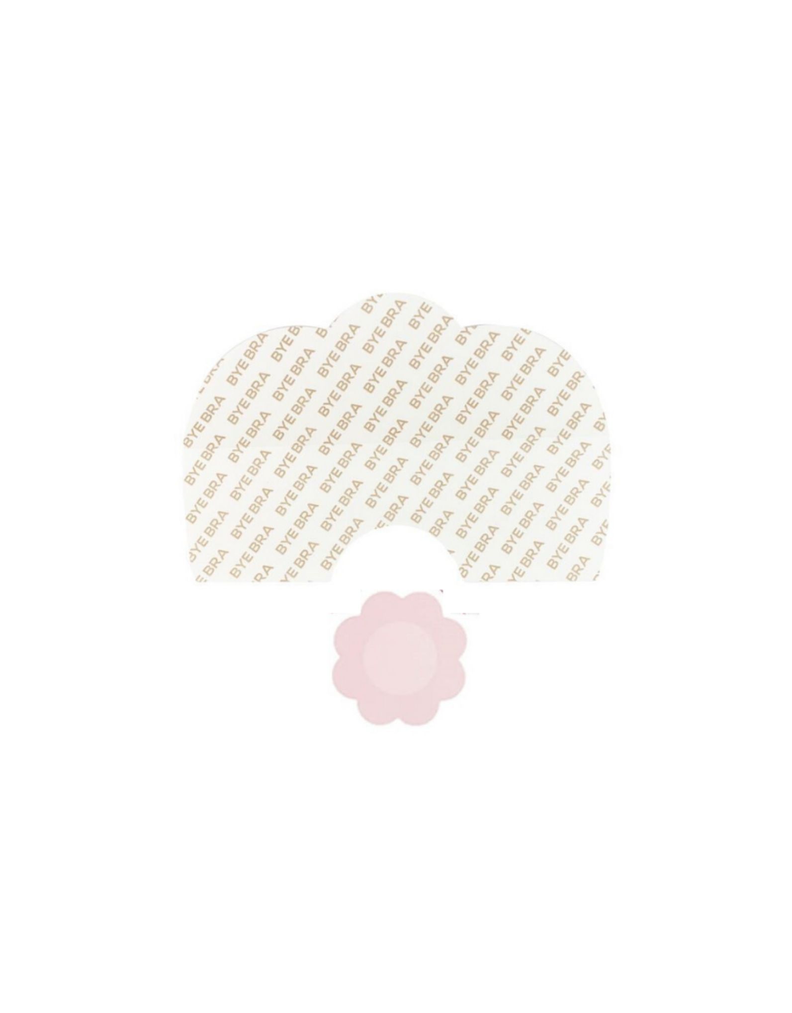 Scallop-shaped pastie with a light beige base and repeated BREA text, accompanied by a small, pink, flower-shaped Silk Nipple Cover from Bye Bra. Both rest against a white background, offering strapless elegance for any occasion.