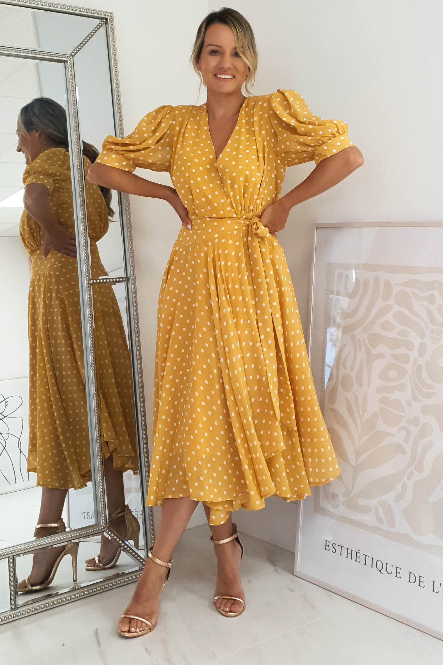 Andrea Polka Dot Midi Dress | Mustard | Oh Hello Clothing | XS (6)