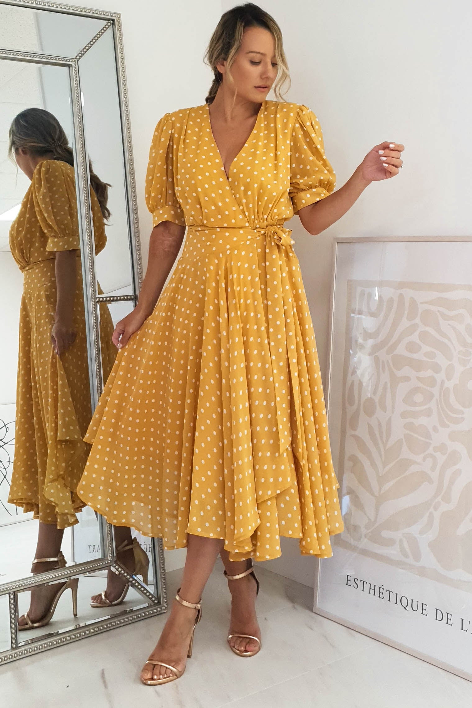 Andrea Polka Dot Midi Dress | Mustard | Oh Hello Clothing | XS (6)