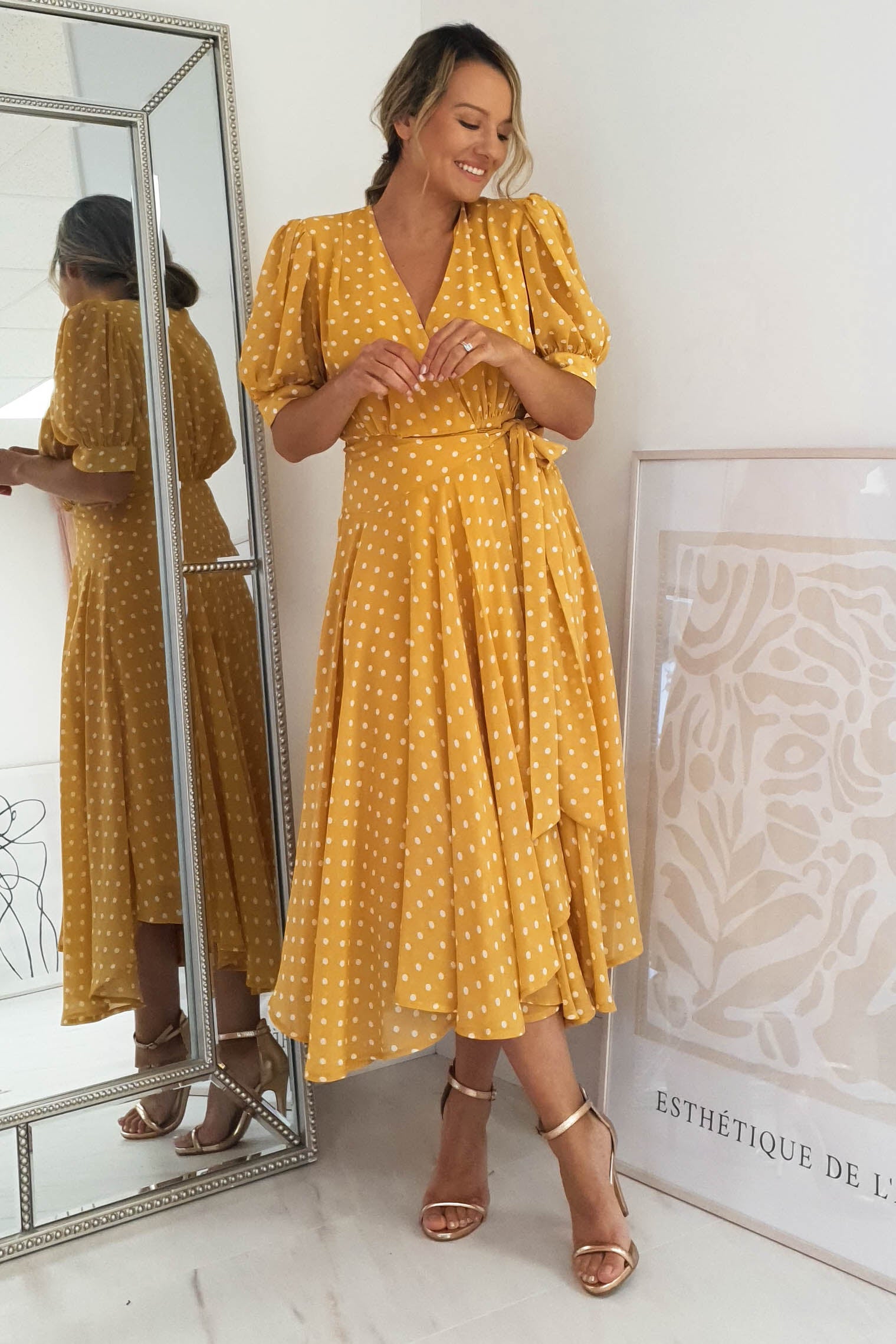 Andrea Polka Dot Midi Dress | Mustard | Oh Hello Clothing | XS (6)