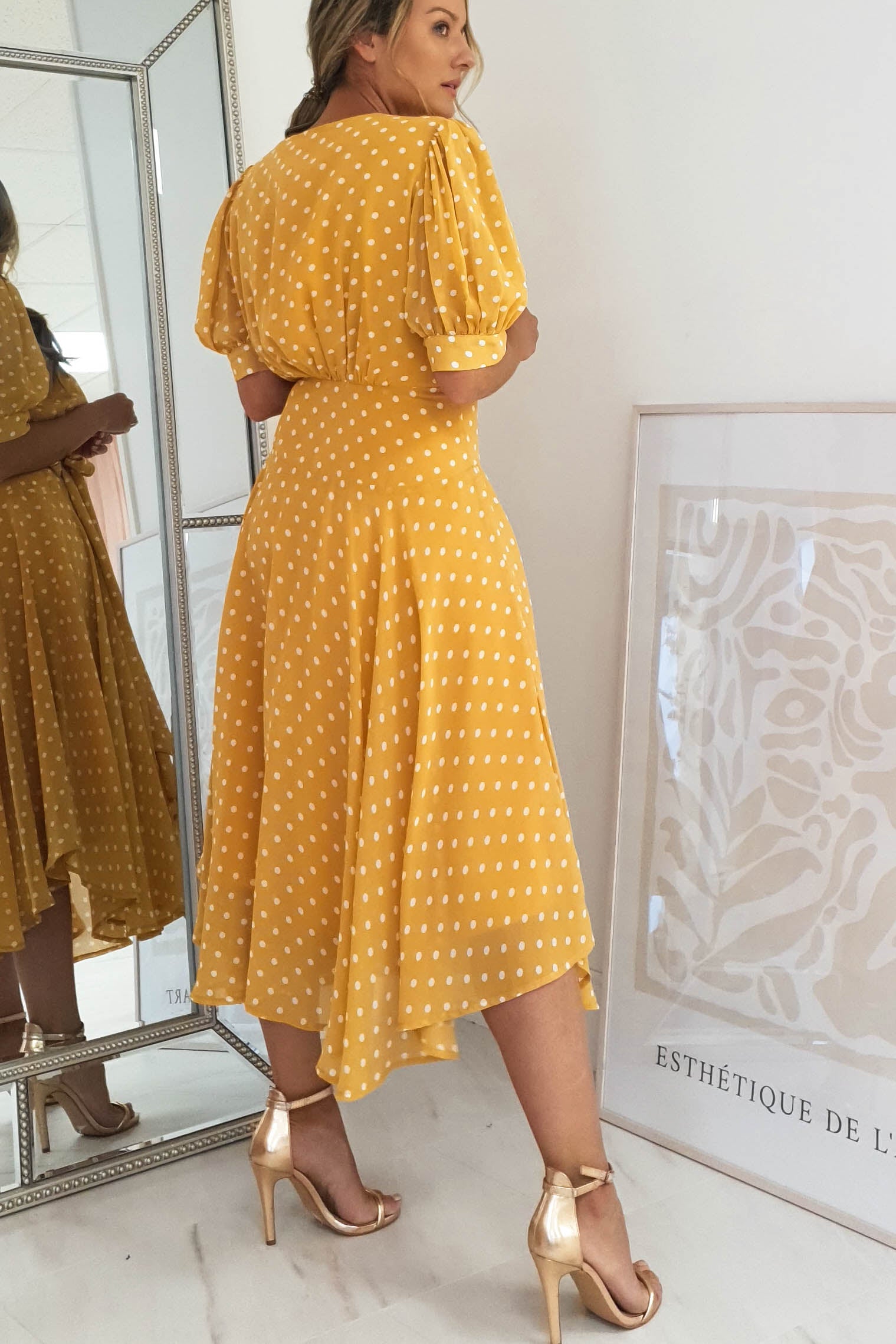 Andrea Polka Dot Midi Dress | Mustard | Oh Hello Clothing | XS (6)