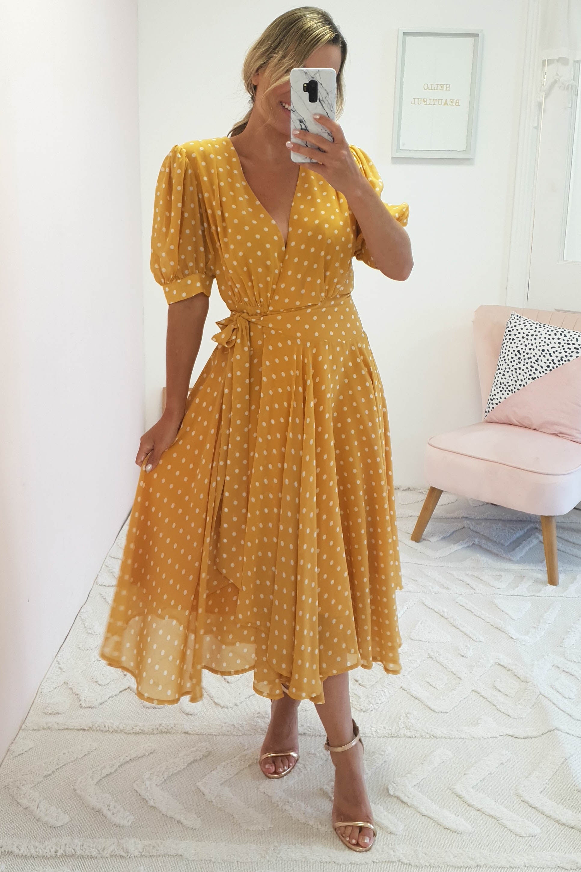 Andrea Polka Dot Midi Dress | Mustard | Oh Hello Clothing | XS (6)