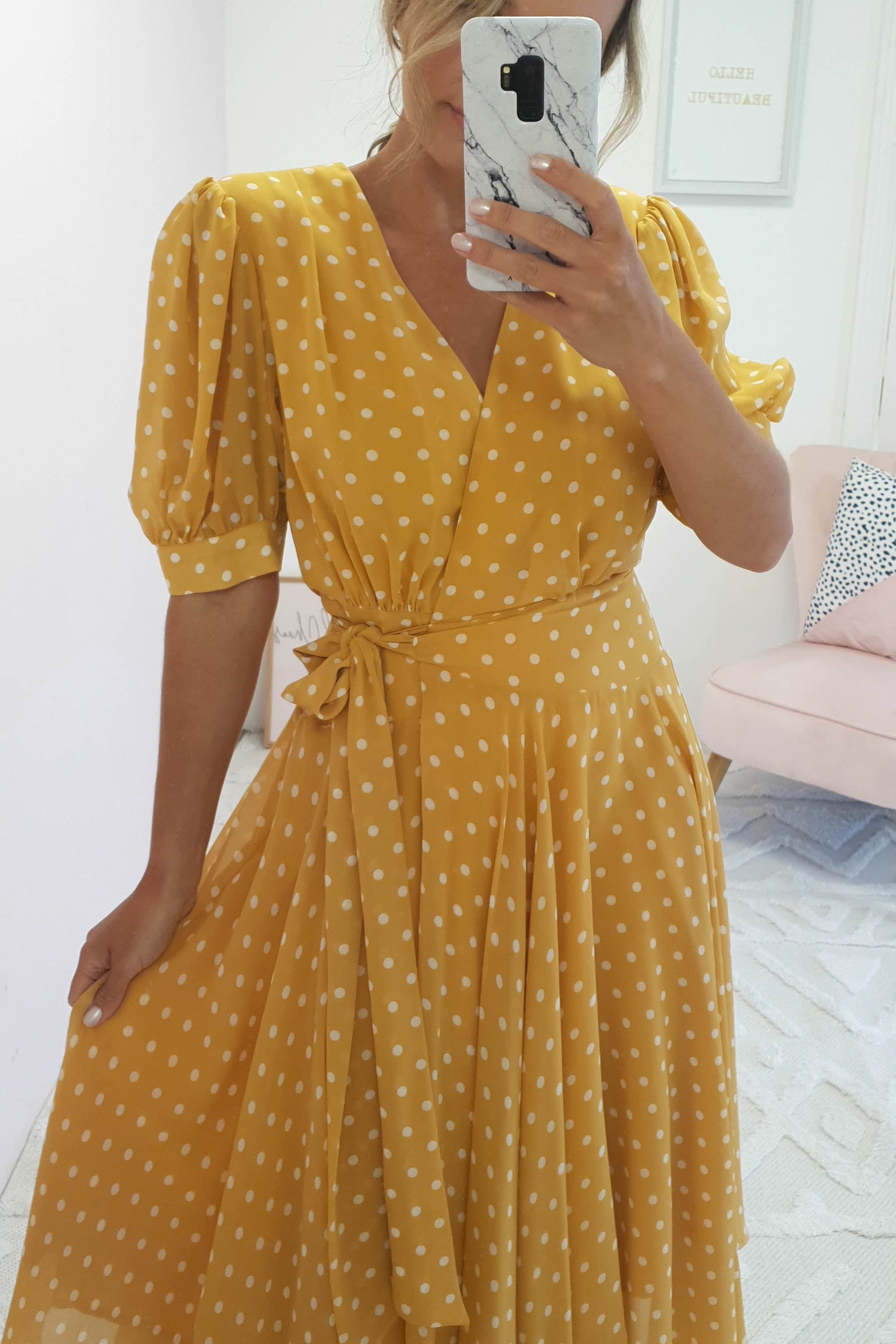 Andrea Polka Dot Midi Dress | Mustard | Oh Hello Clothing | XS (6)