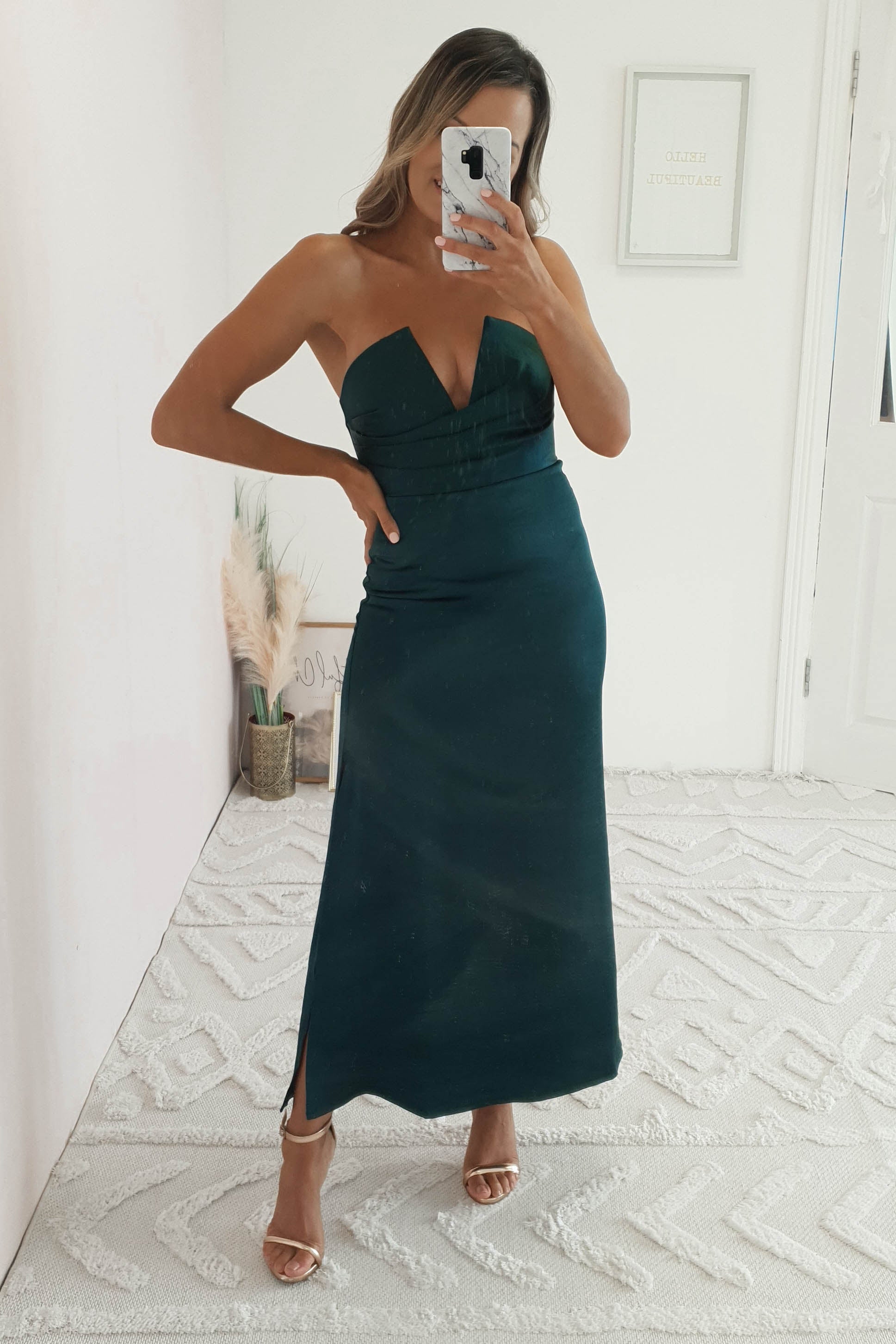 Louvre Strapless Satin Midi Dress | Emerald Green | Oh Hello Clothing | XS (6)