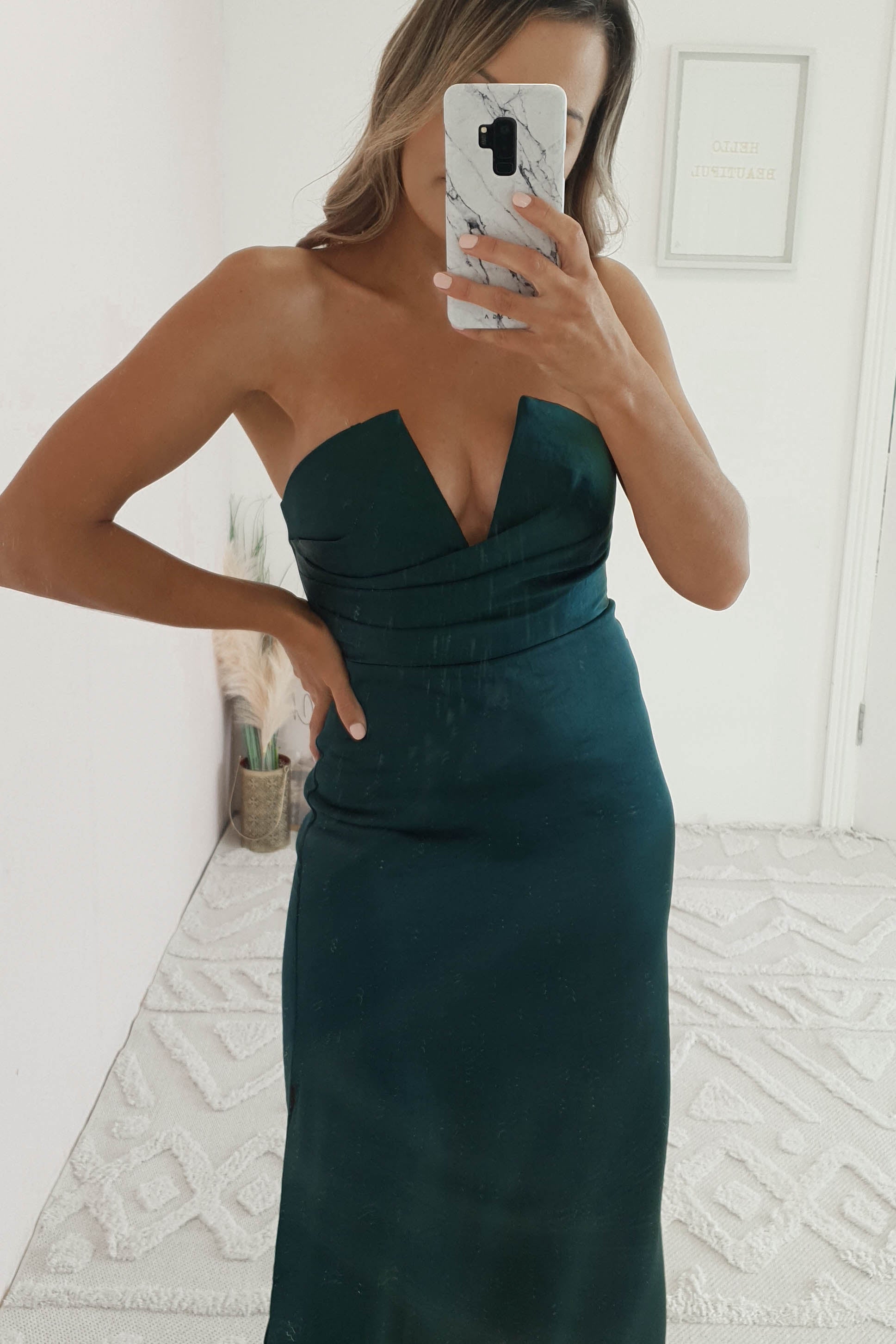 Louvre Strapless Satin Midi Dress | Emerald Green | Oh Hello Clothing | XS (6)