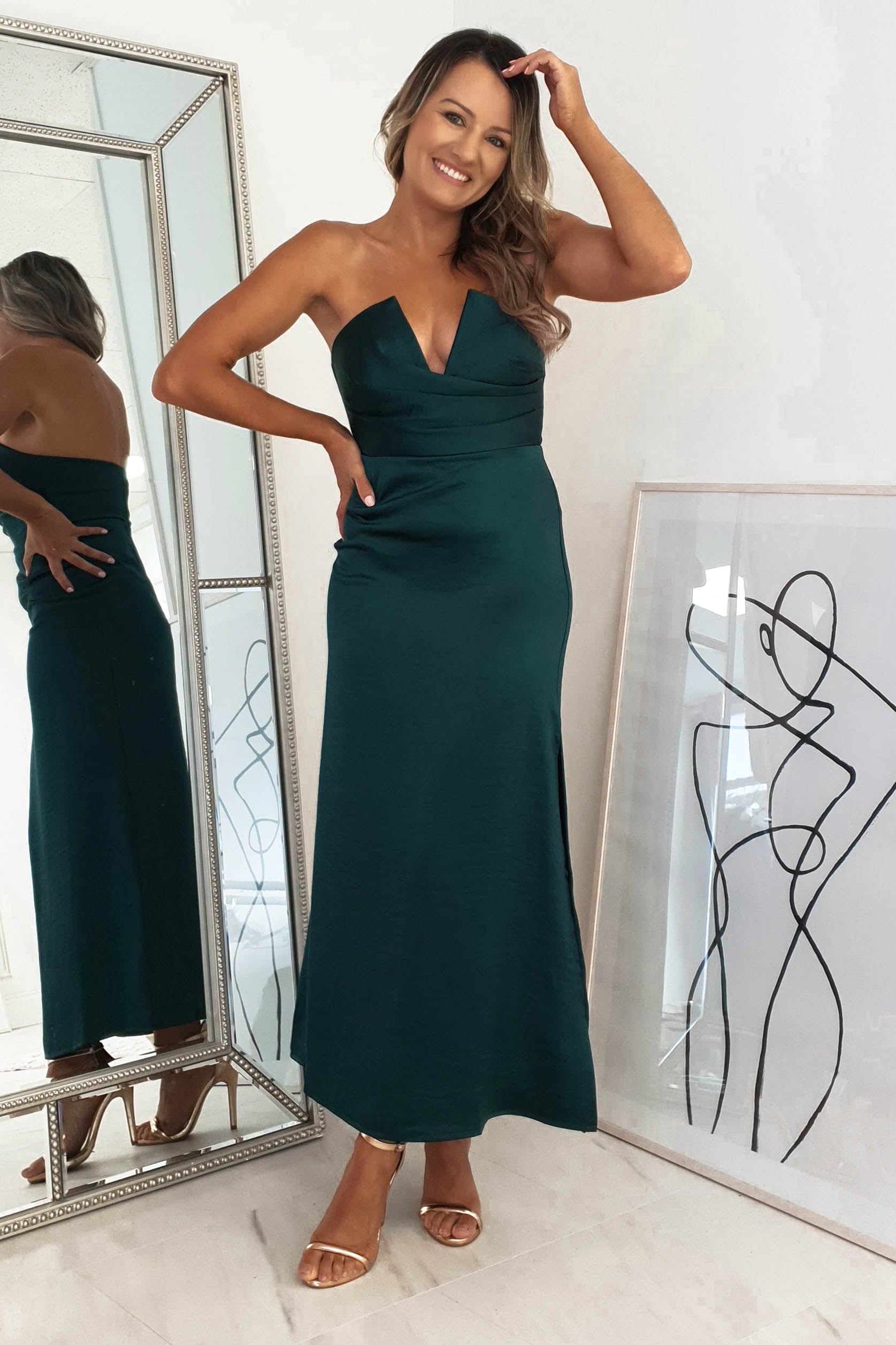 Louvre Strapless Satin Midi Dress | Emerald Green | Oh Hello Clothing | XS (6)