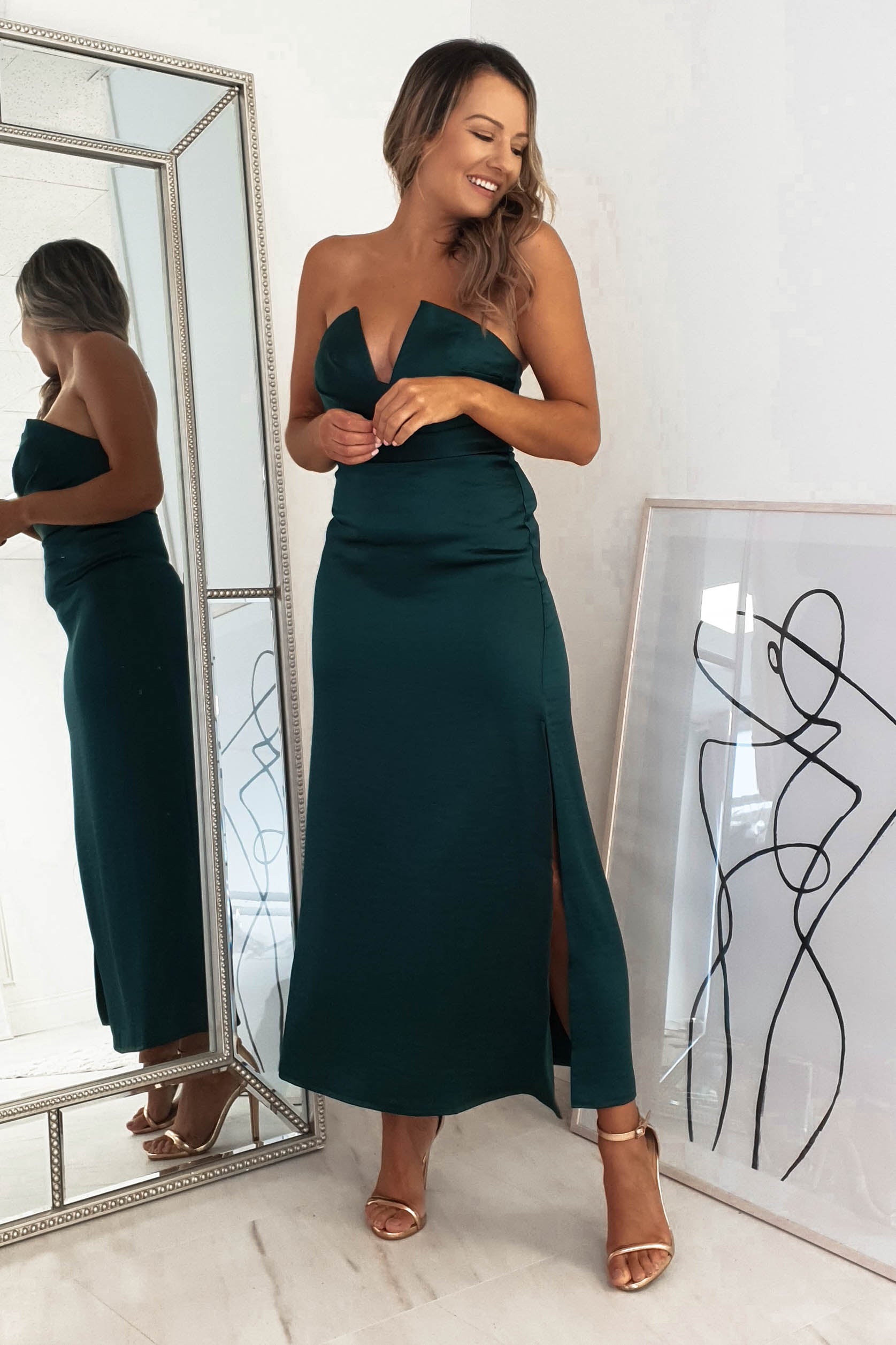 Louvre Strapless Satin Midi Dress | Emerald Green | Oh Hello Clothing | XS (6)