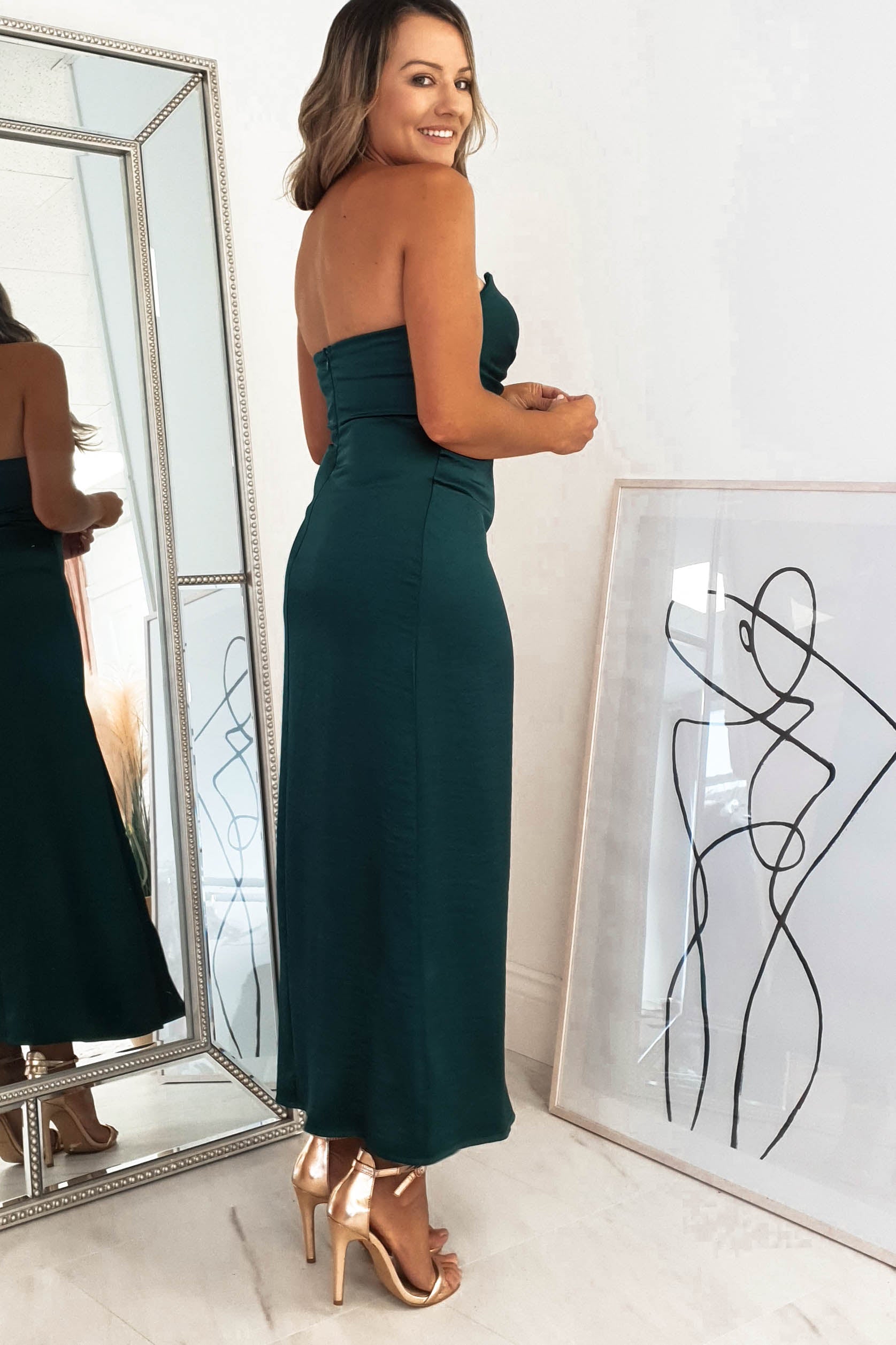 Louvre Strapless Satin Midi Dress | Emerald Green | Oh Hello Clothing | XS (6)