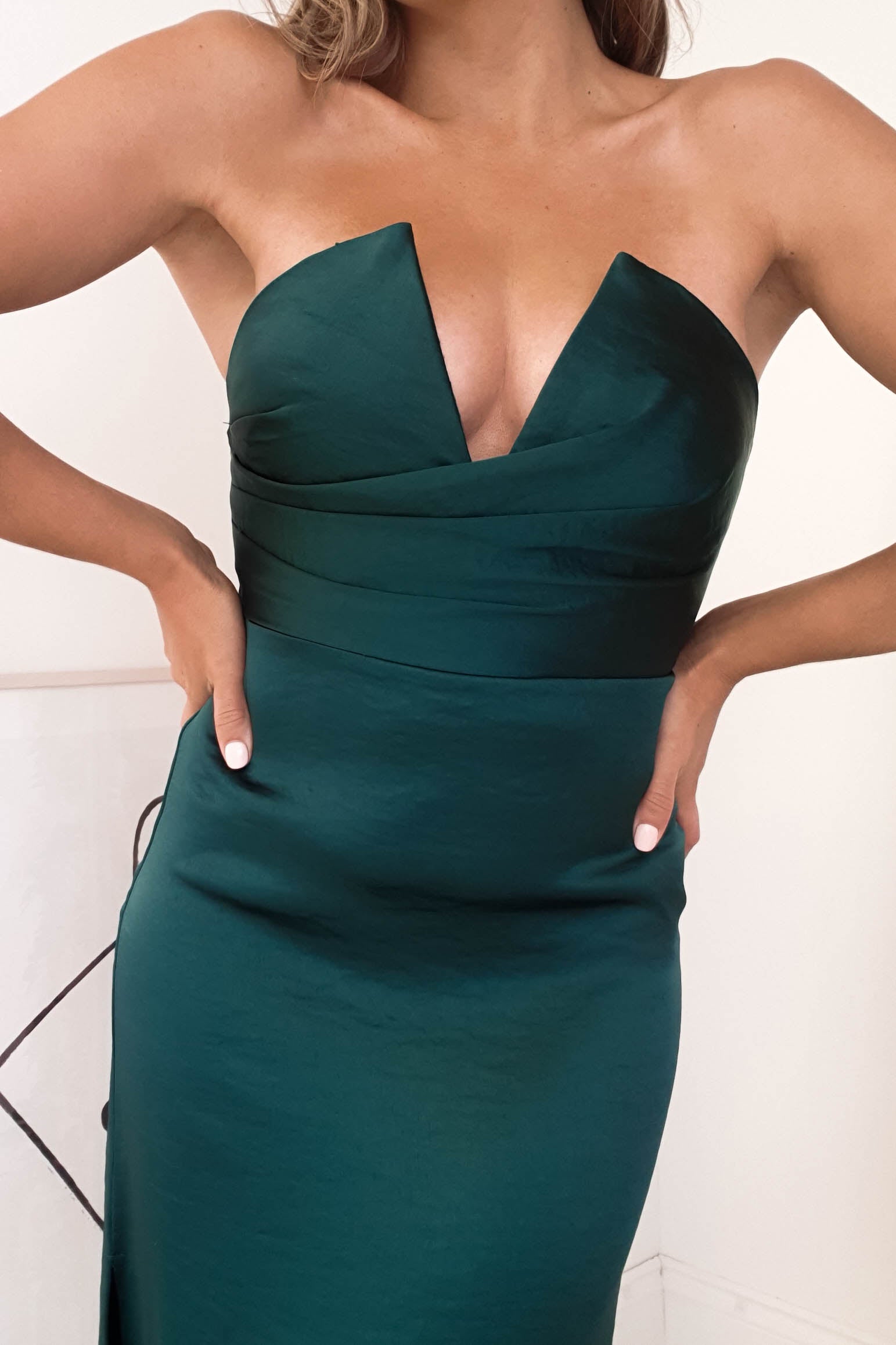 Louvre Strapless Satin Midi Dress | Emerald Green | Oh Hello Clothing | XS (6)