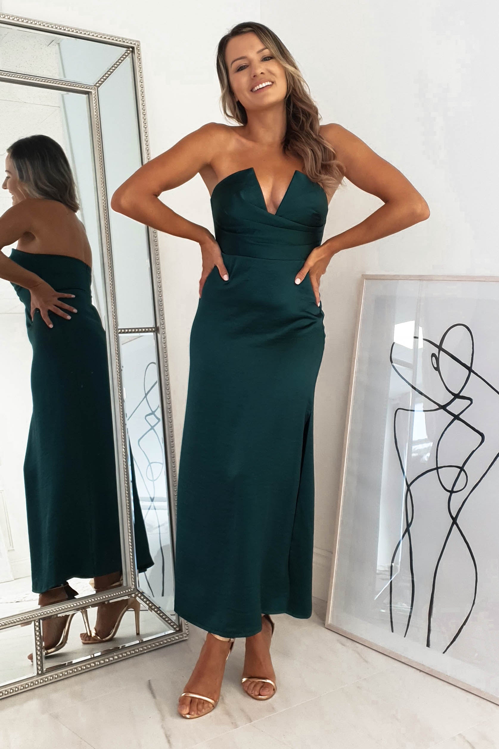 Louvre Strapless Satin Midi Dress | Emerald Green | Oh Hello Clothing | XS (6)