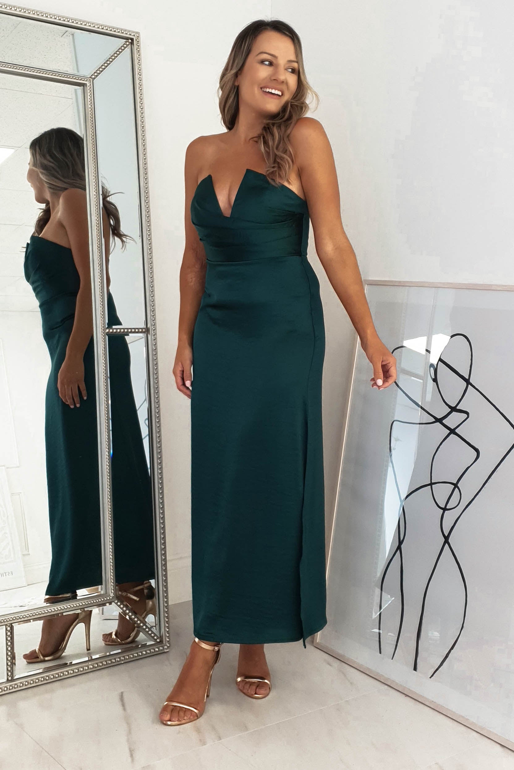 Louvre Strapless Satin Midi Dress | Emerald Green | Oh Hello Clothing | XS (6)