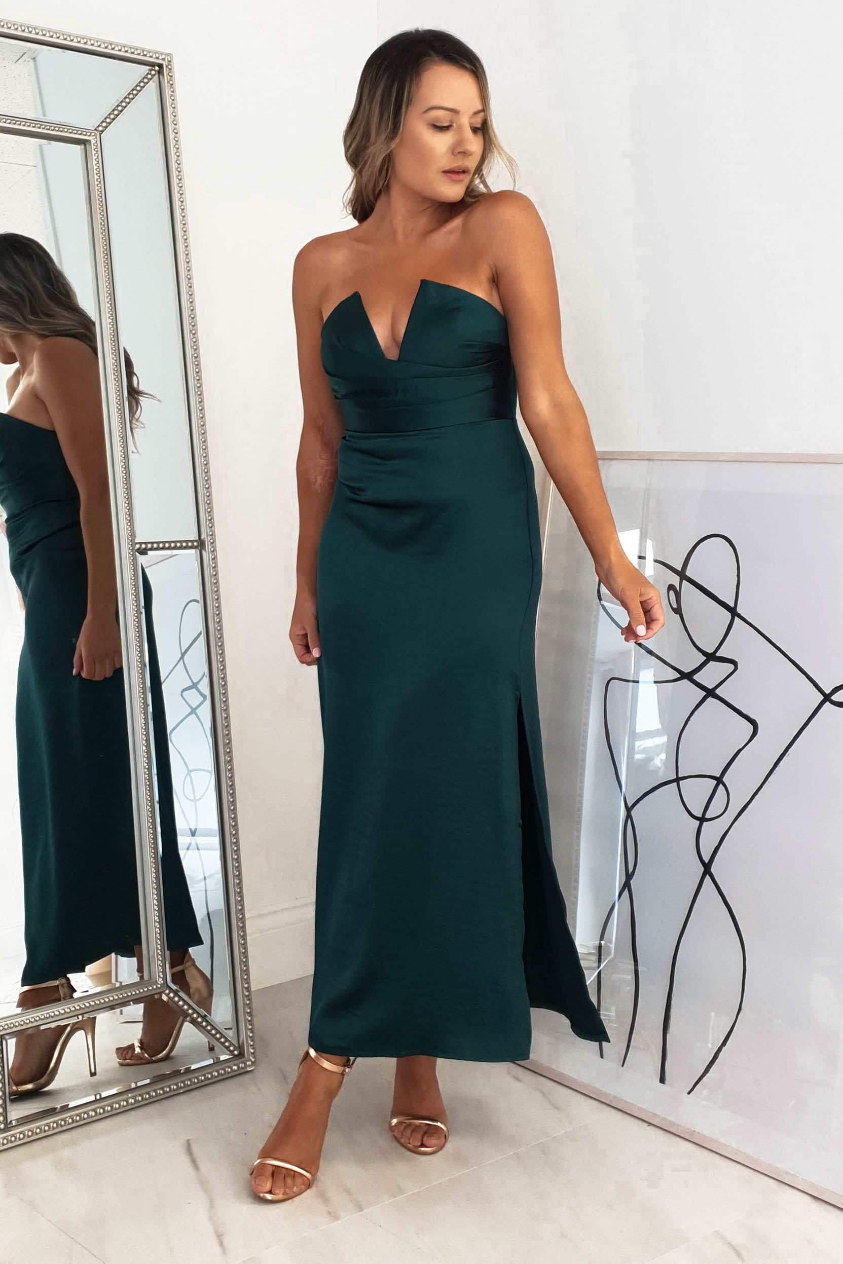Louvre Strapless Satin Midi Dress | Emerald Green | Oh Hello Clothing | XS (6)