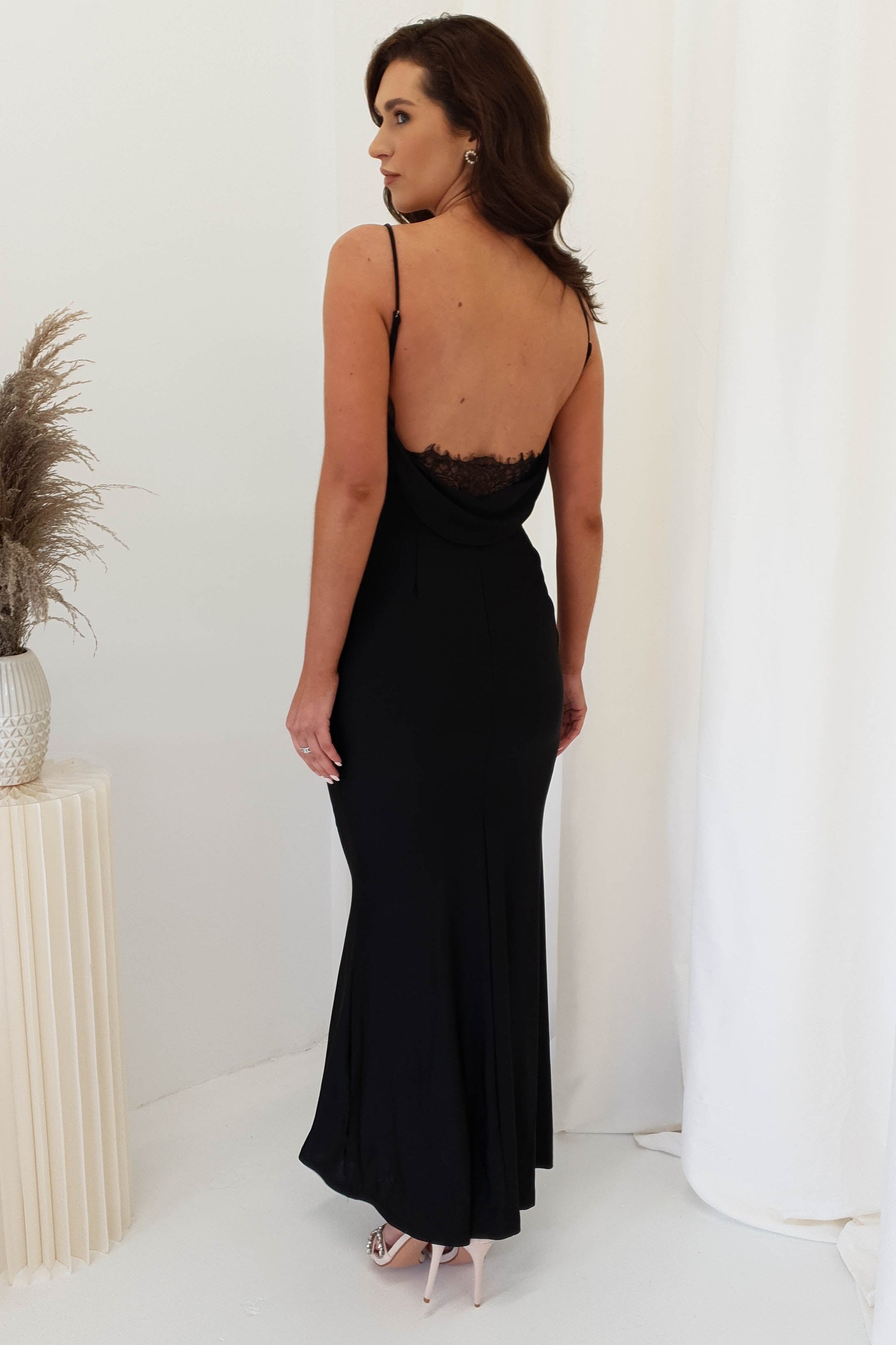 Amelia Soft Satin Lace Detail Gown | Black | Oh Hello Clothing | S (8)