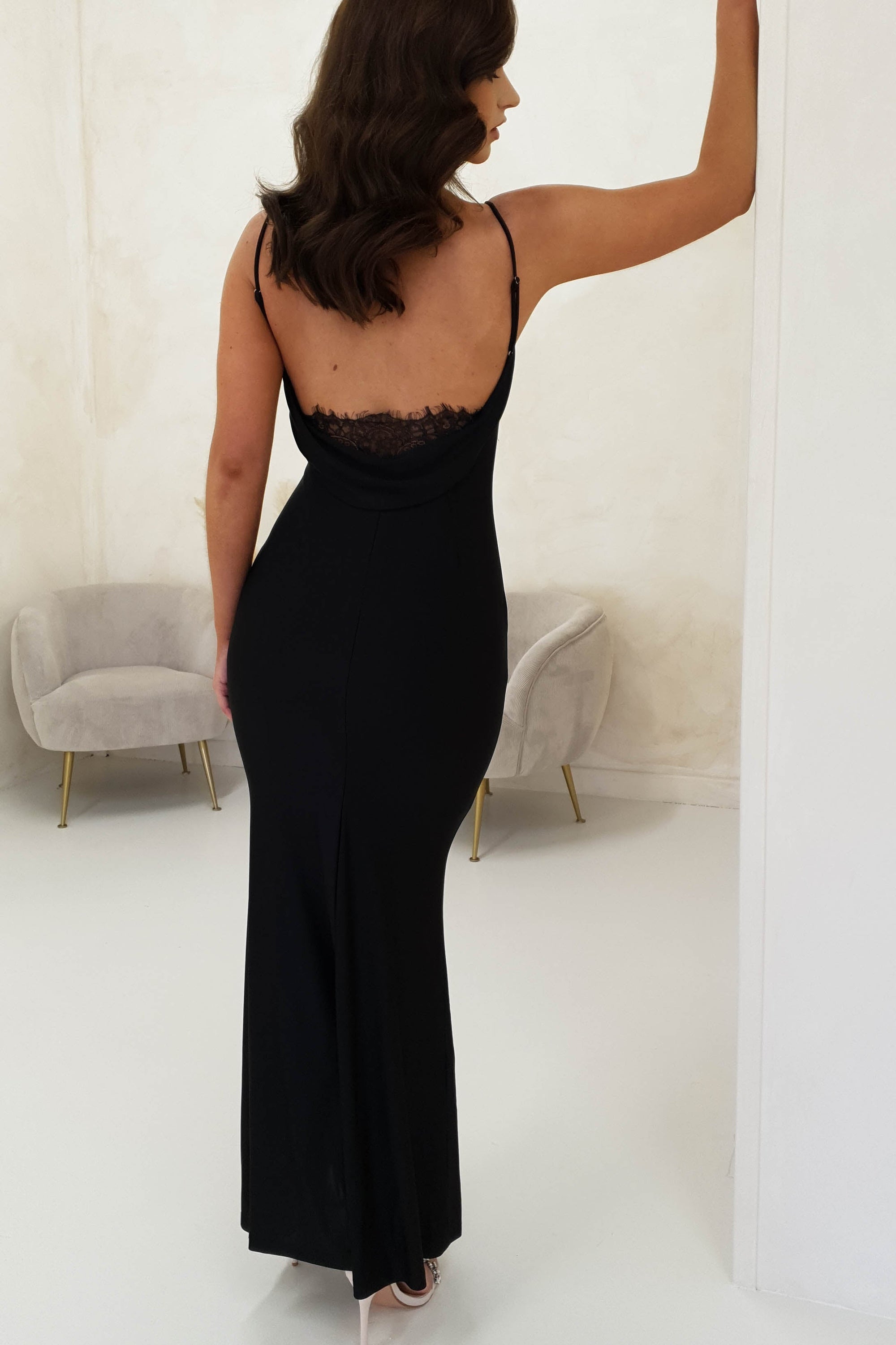 Amelia Soft Satin Lace Detail Gown | Black | Oh Hello Clothing | S (8)