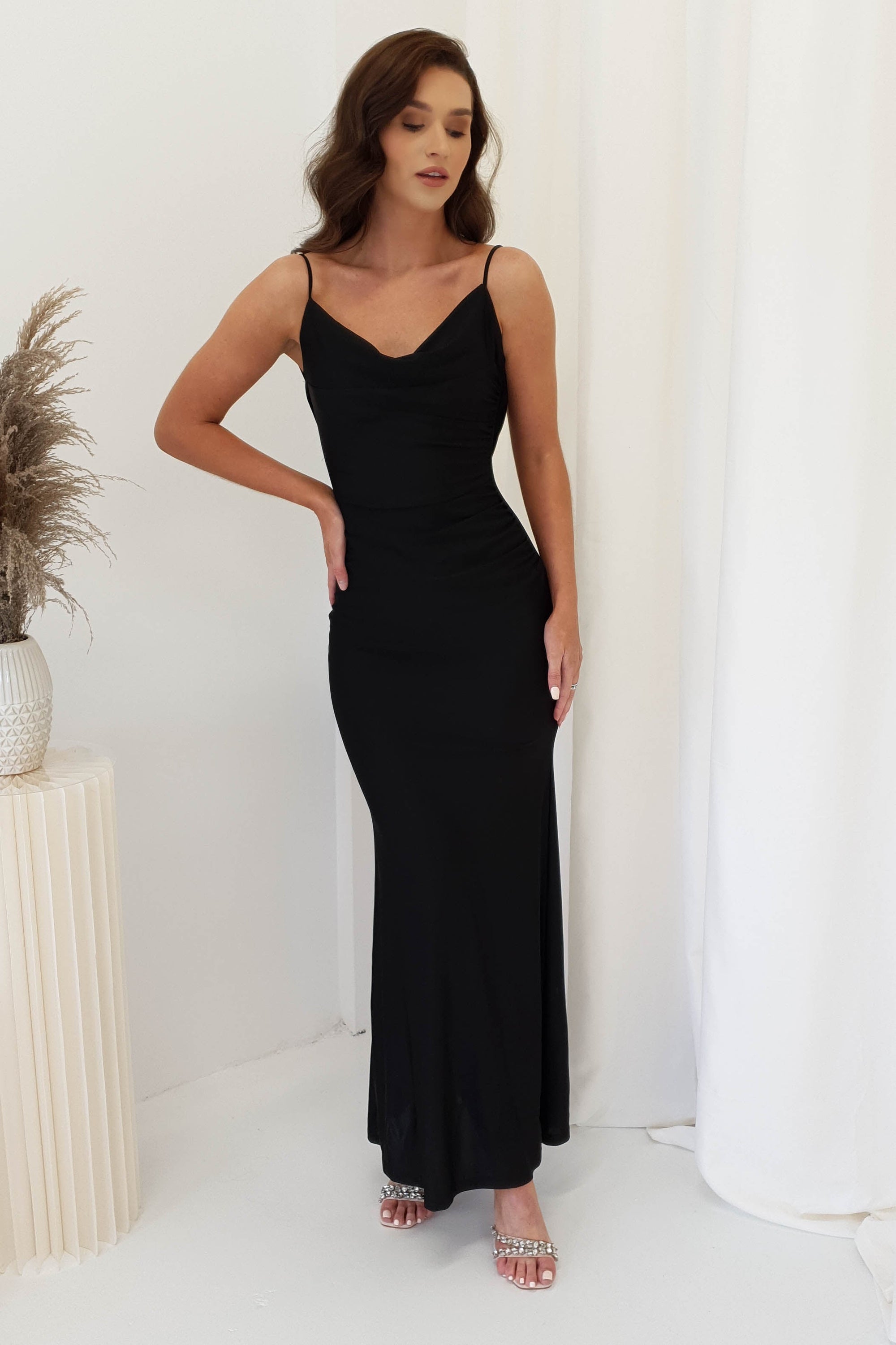 Amelia Soft Satin Lace Detail Gown | Black | Oh Hello Clothing | S (8)
