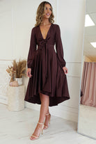 Nicola Satin Tie Front Midi Dress | Chocolate | Oh Hello Clothing | XS (6)
