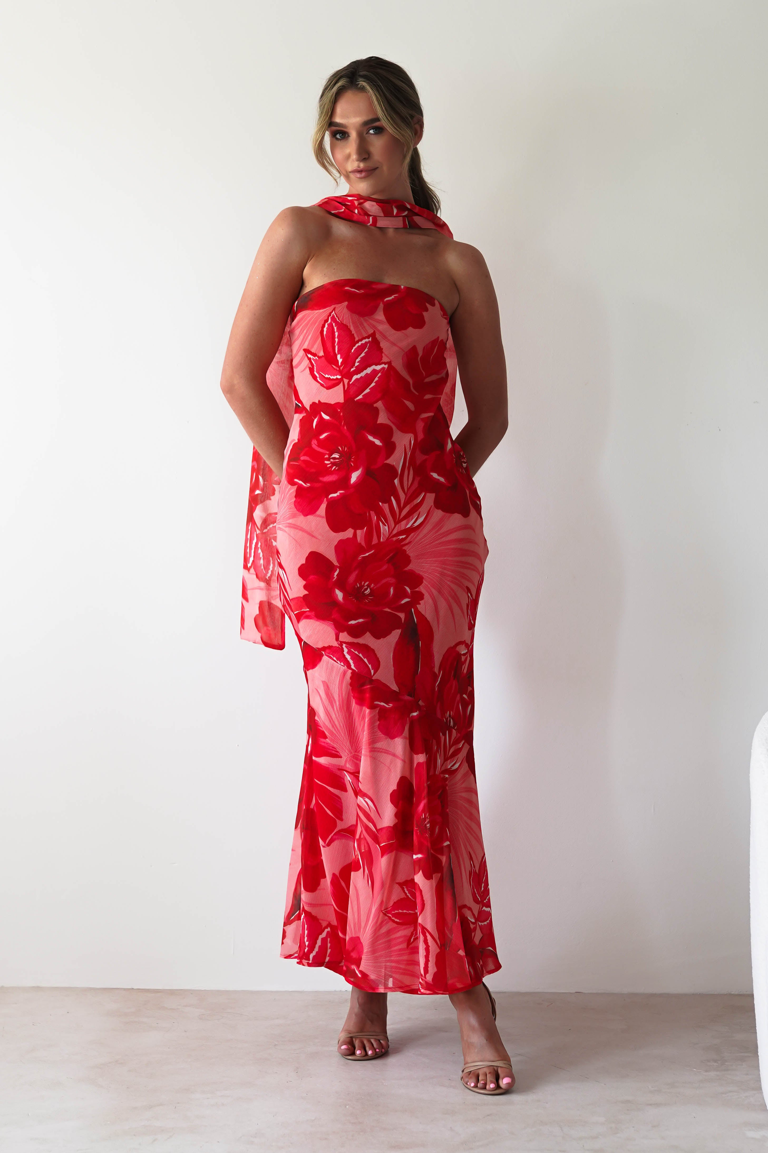 Charlene Floral Chiffon Maxi Dress | Red Print