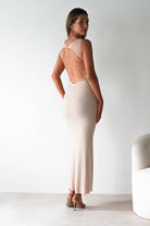 F&P Dresses 1*DONE -605577- BEIGE BACKLESS DRESS WITH CRYSTALS