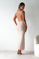 F&P Dresses 1*DONE -605577- BEIGE BACKLESS DRESS WITH CRYSTALS