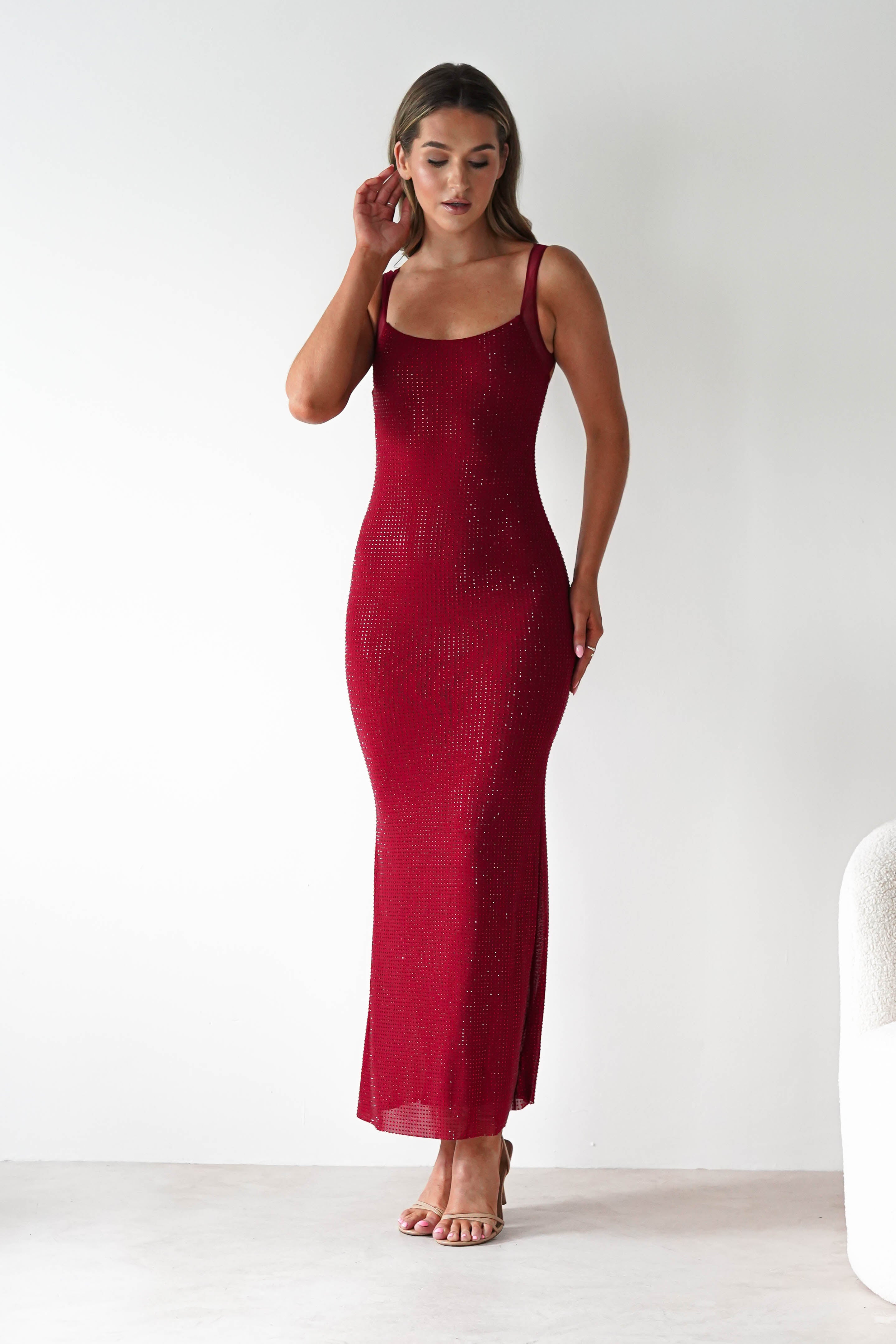 F&P Dresses 1*DONE -605577-RED BACKLESS DRESS WITH CRYSTALS