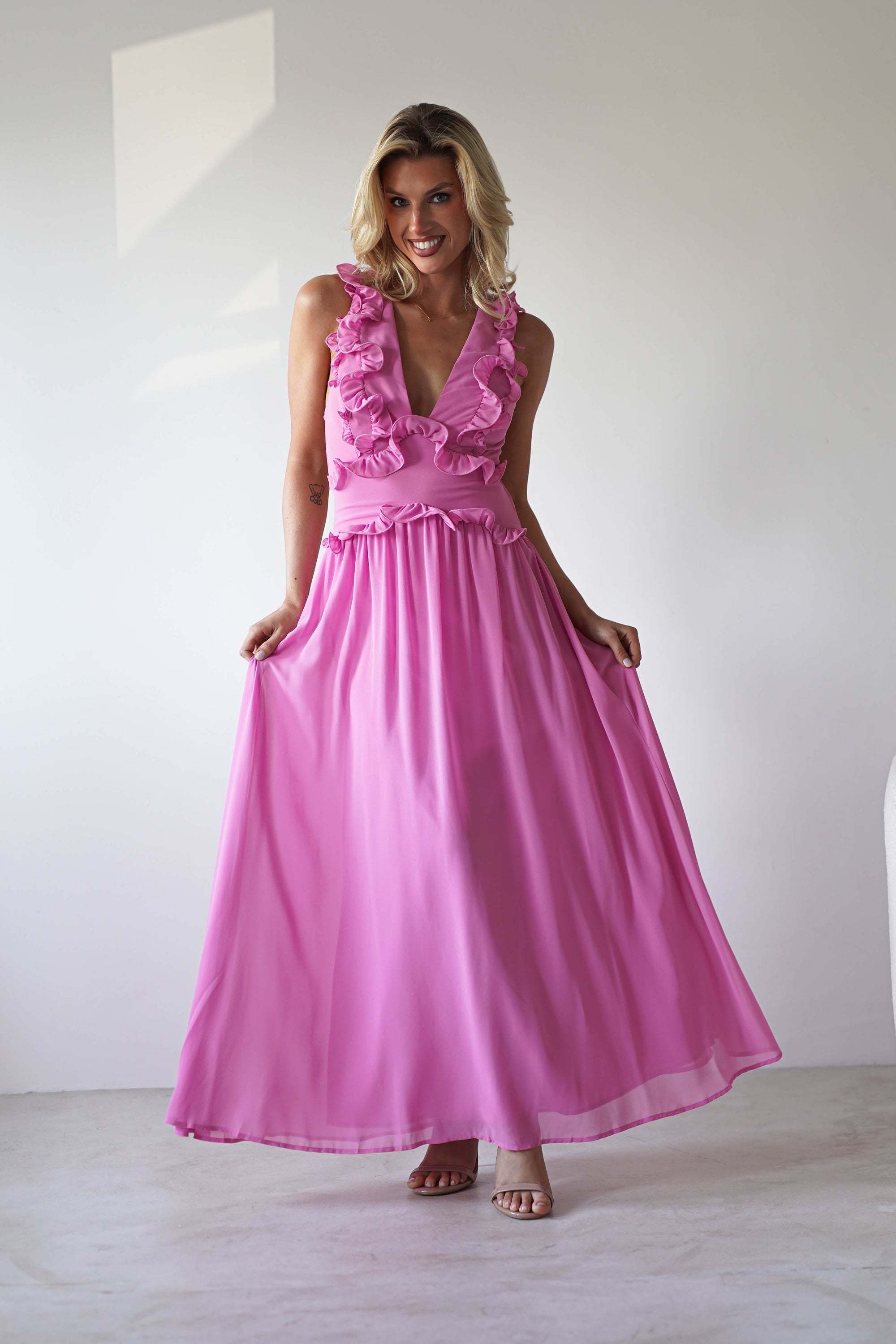 Ellie Ruffle Detail Maxi Dress | Pink | Oh Hello Clothing | XS (6)