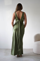 KAARLO Dresses Darlee Tie Back Satin Maxi Dress | Olive