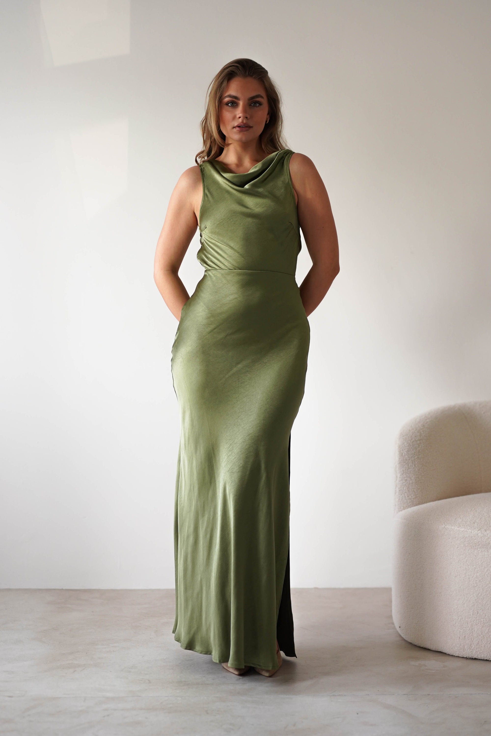 Darlee Tie Back Satin Maxi Dress | Olive | Oh Hello Clothing | XS (6)