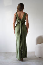 KAARLO Dresses Darlee Tie Back Satin Maxi Dress | Olive